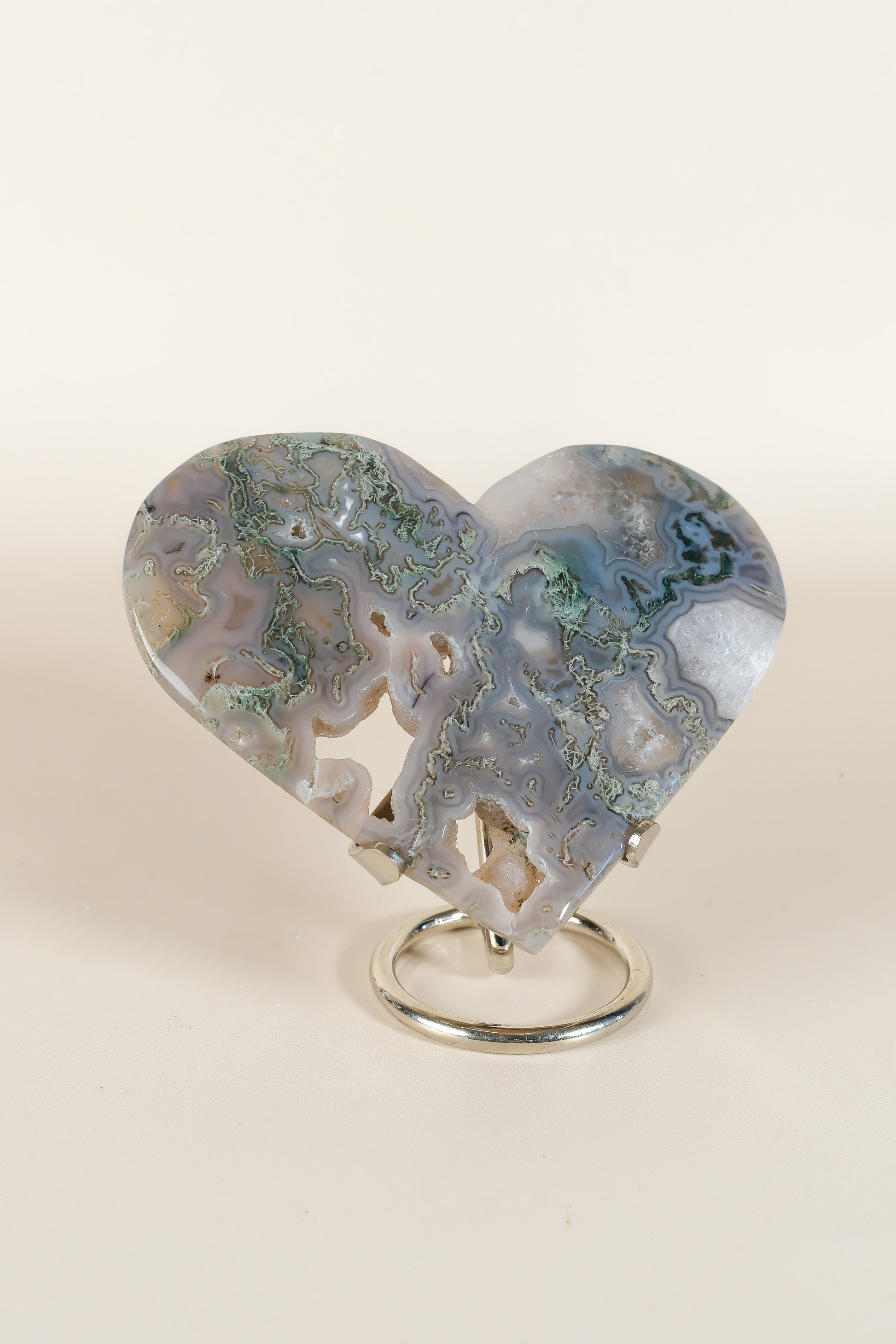 Moss Agate Heart On Stand