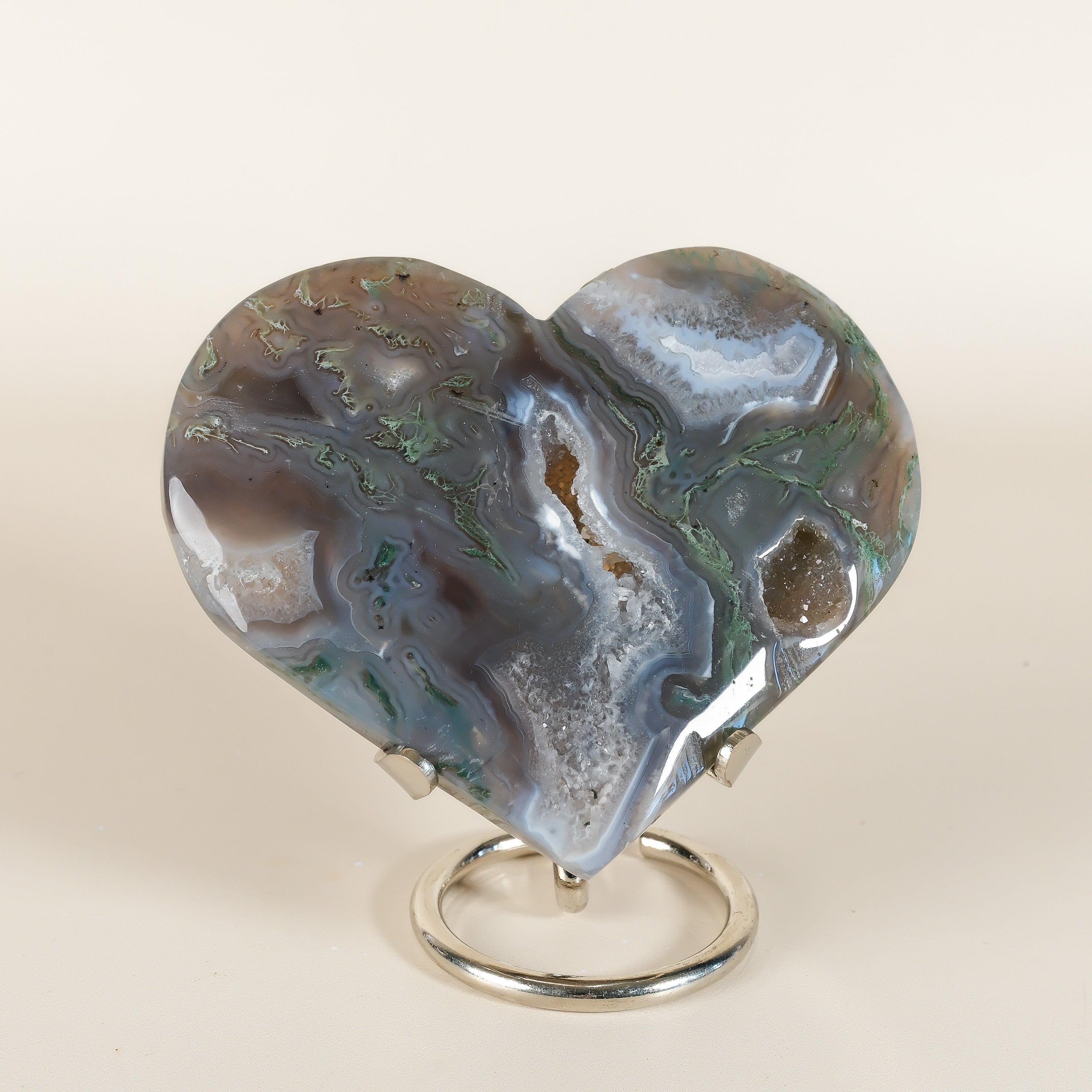 Moss Agate Heart On Stand
