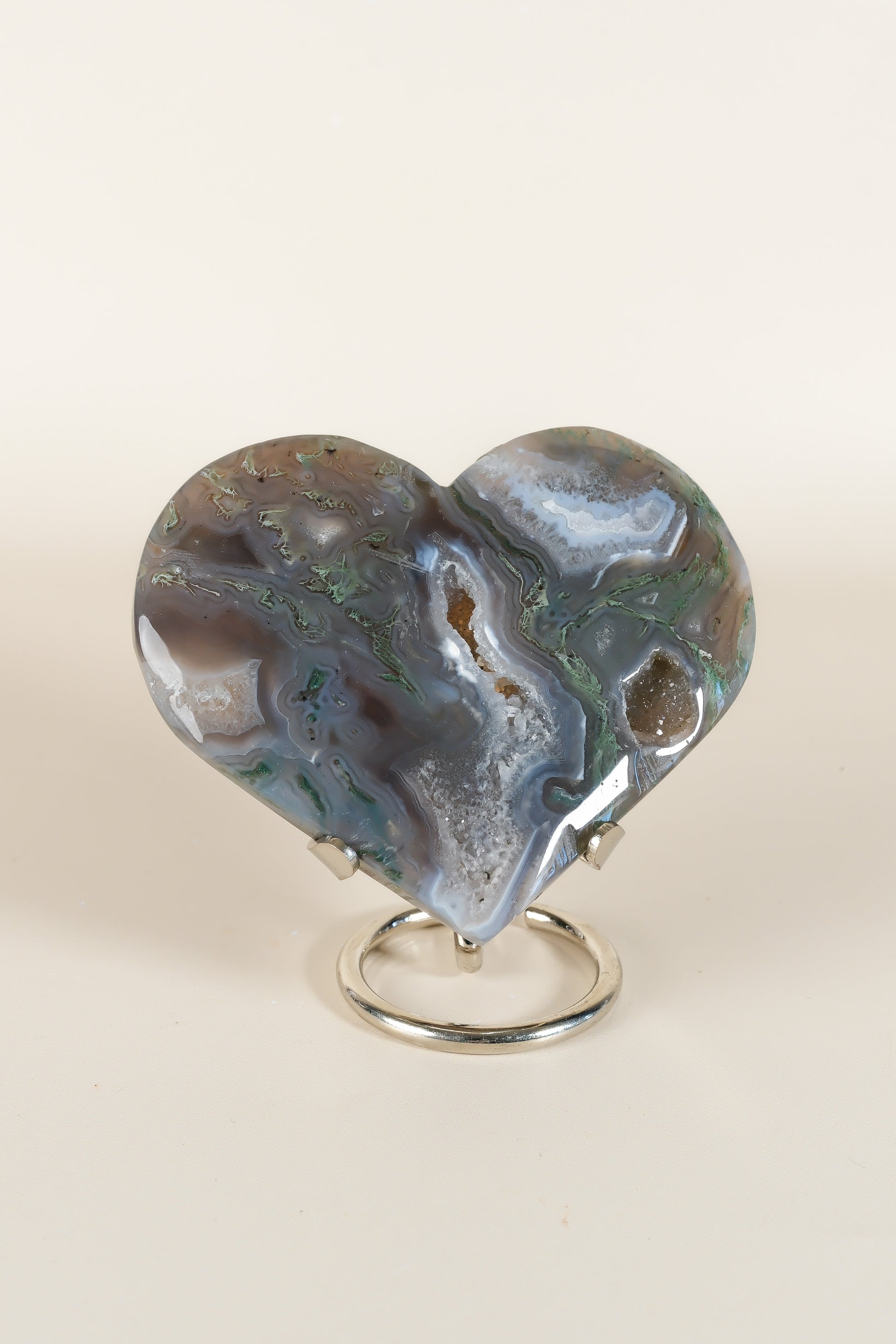 Moss Agate Heart On Stand