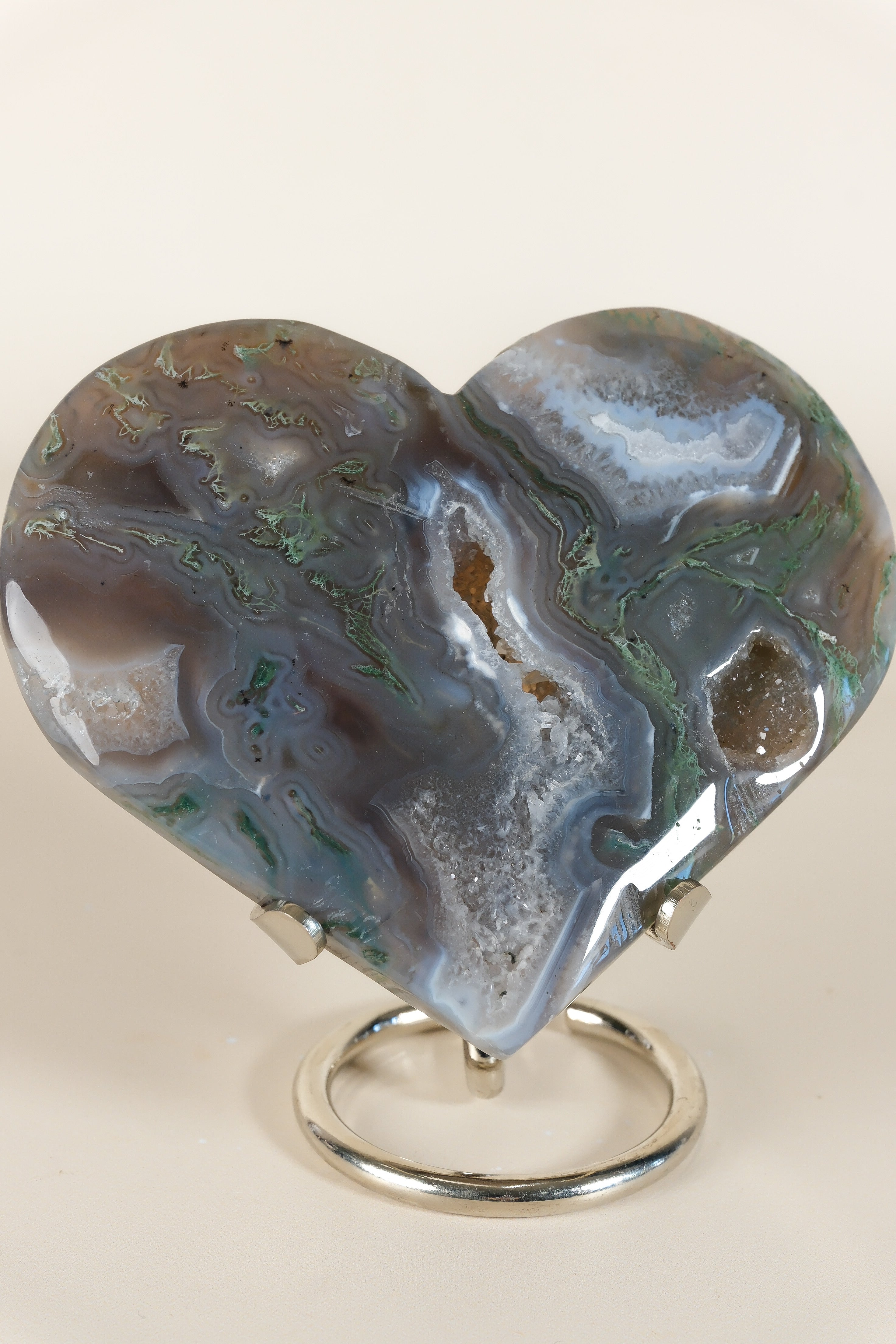 Moss Agate Heart On Stand
