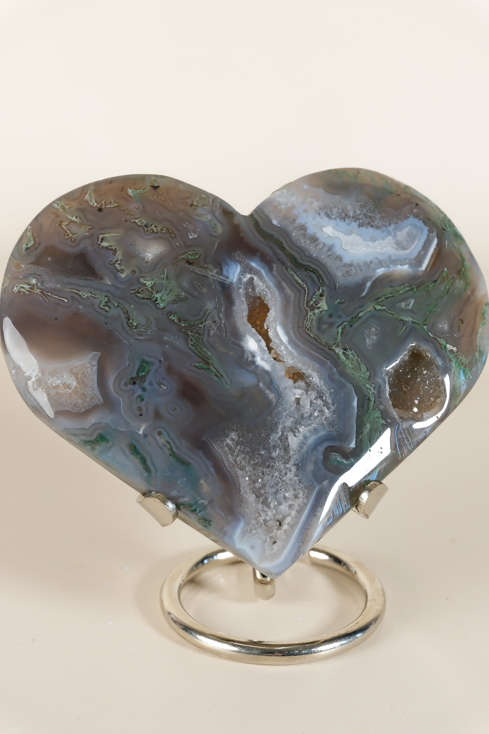 Moss Agate Heart On Stand