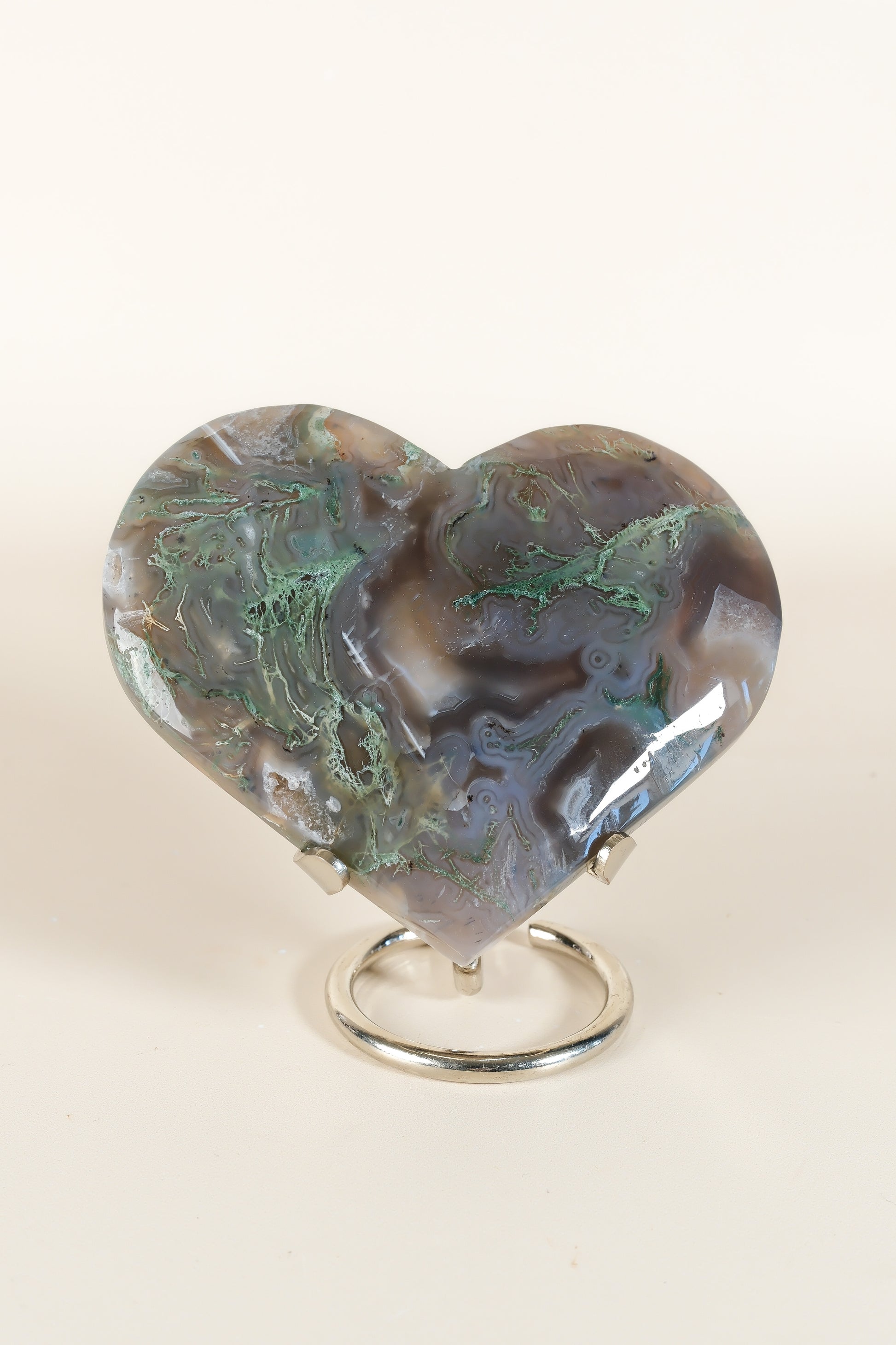 Moss Agate Heart On Stand