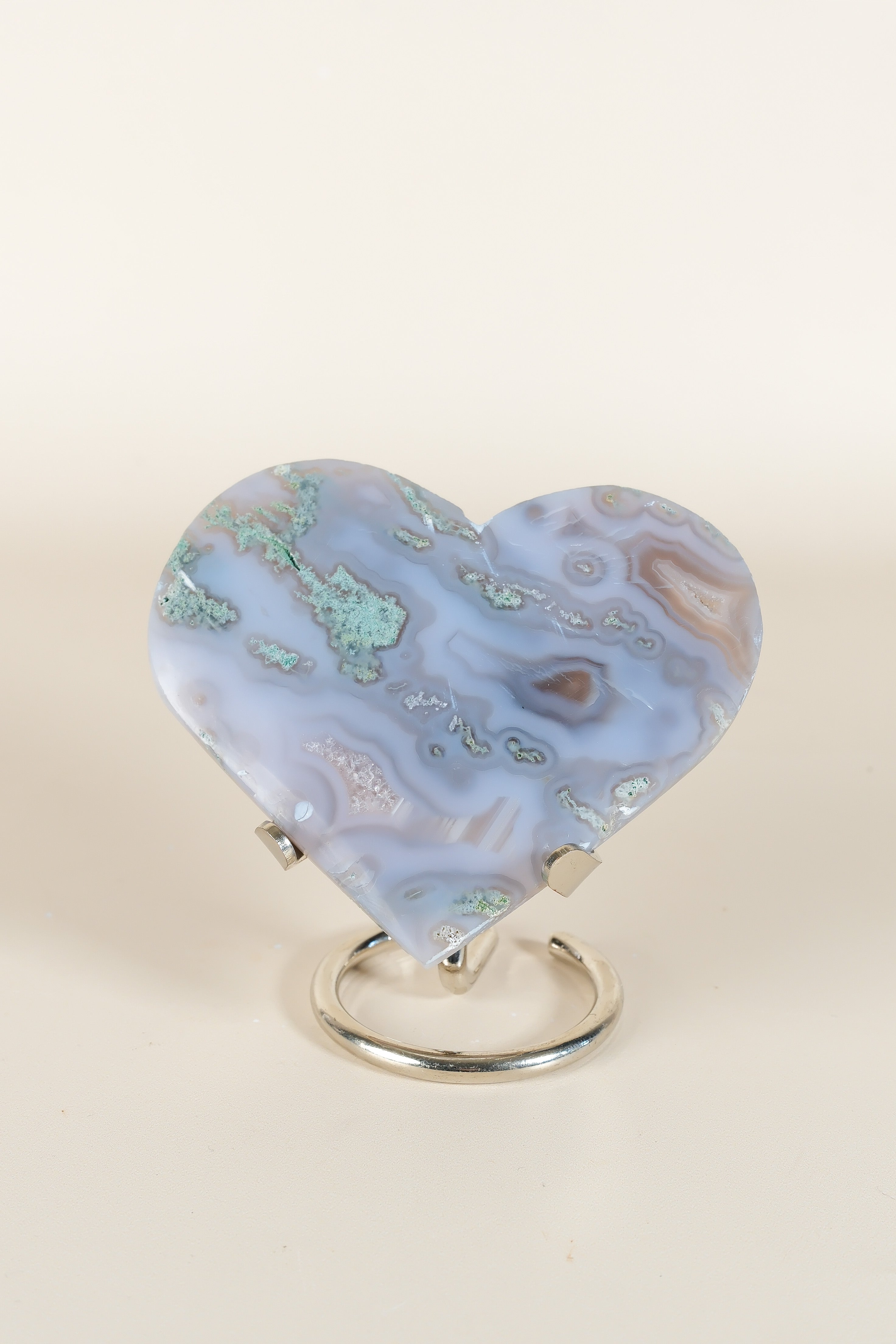 Moss Agate Heart On Stand