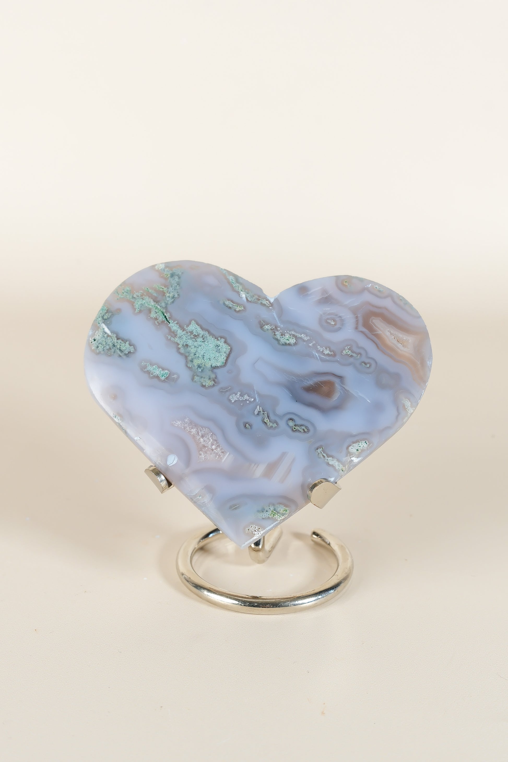 Moss Agate Heart On Stand