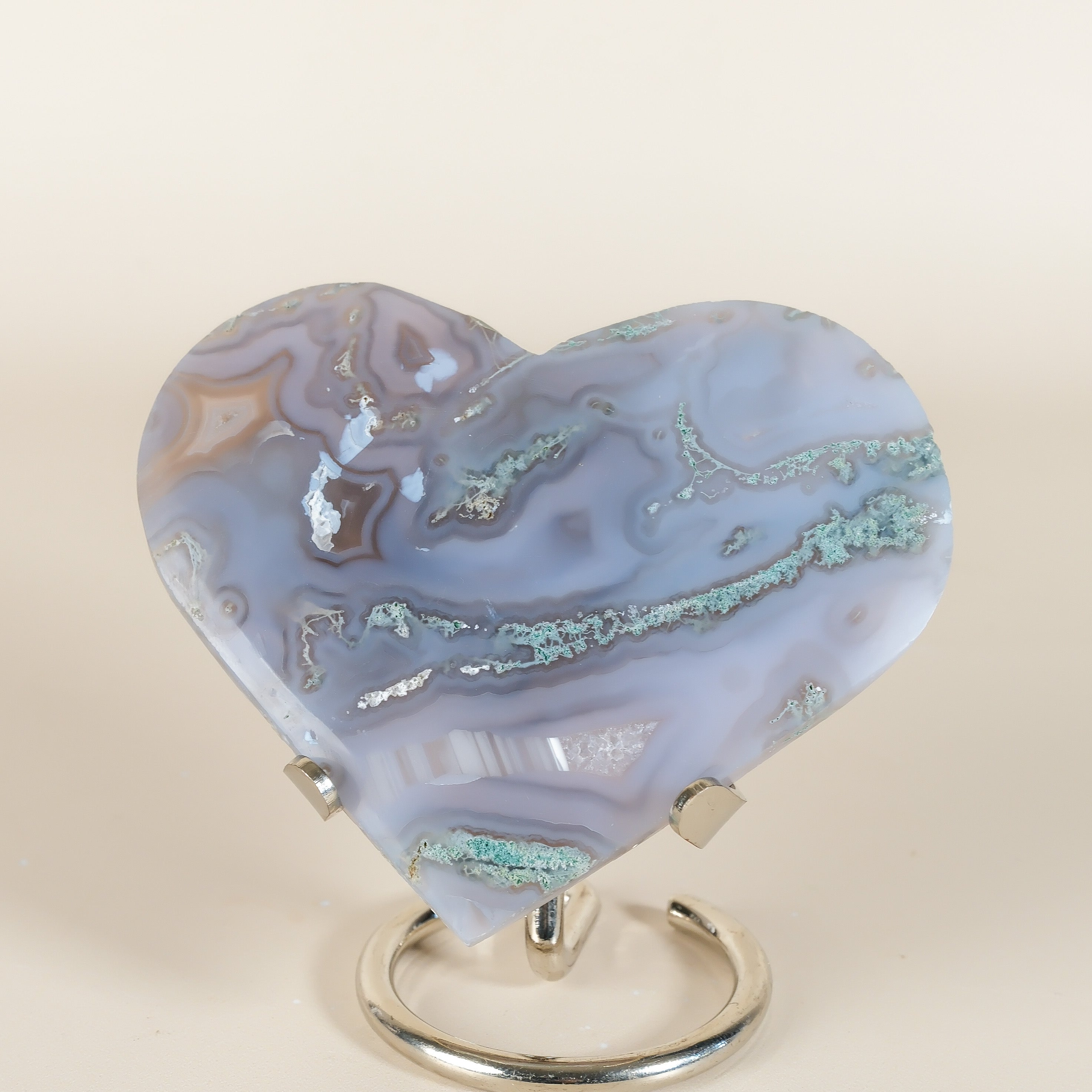Moss Agate Heart On Stand
