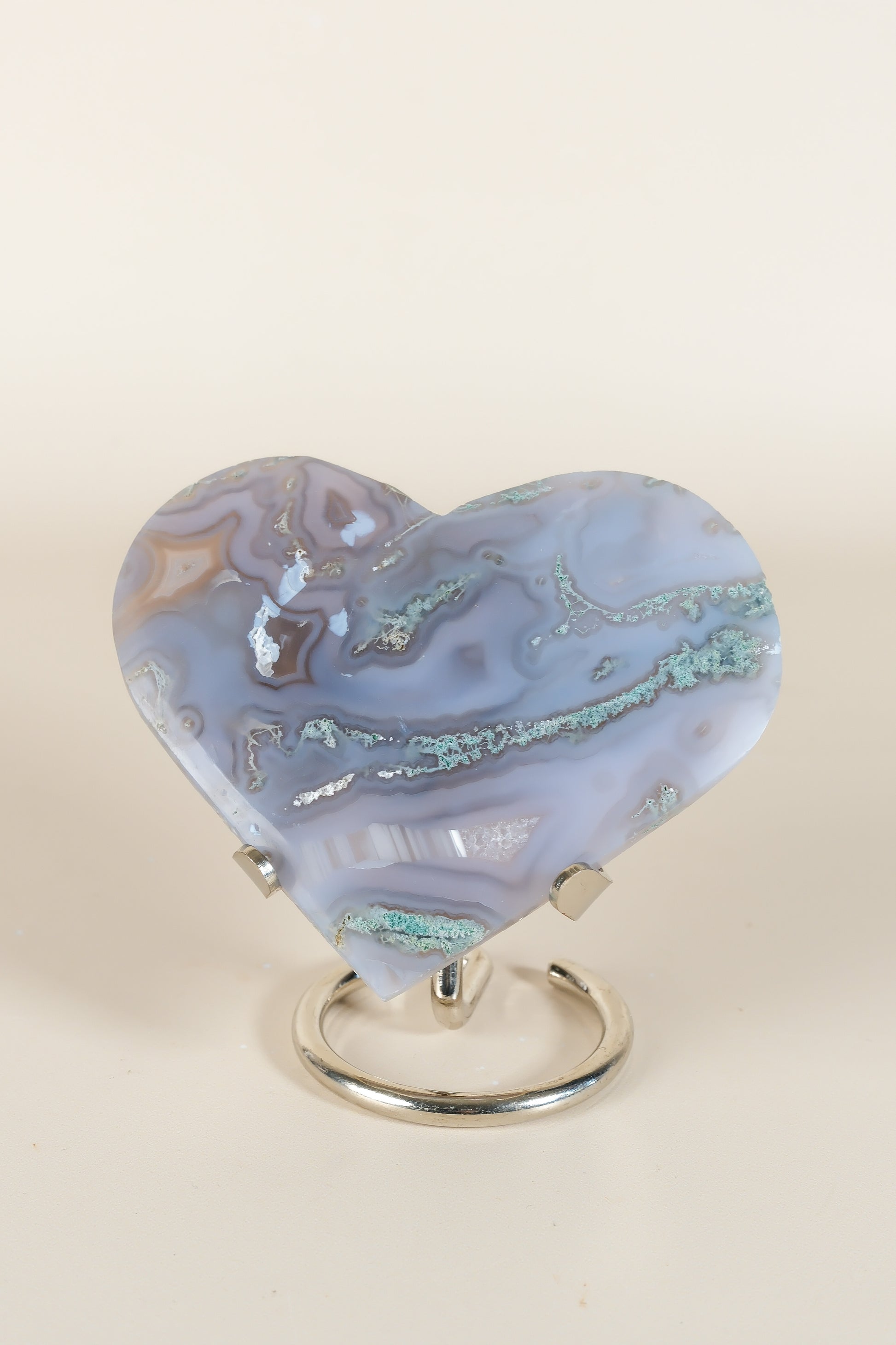 Moss Agate Heart On Stand