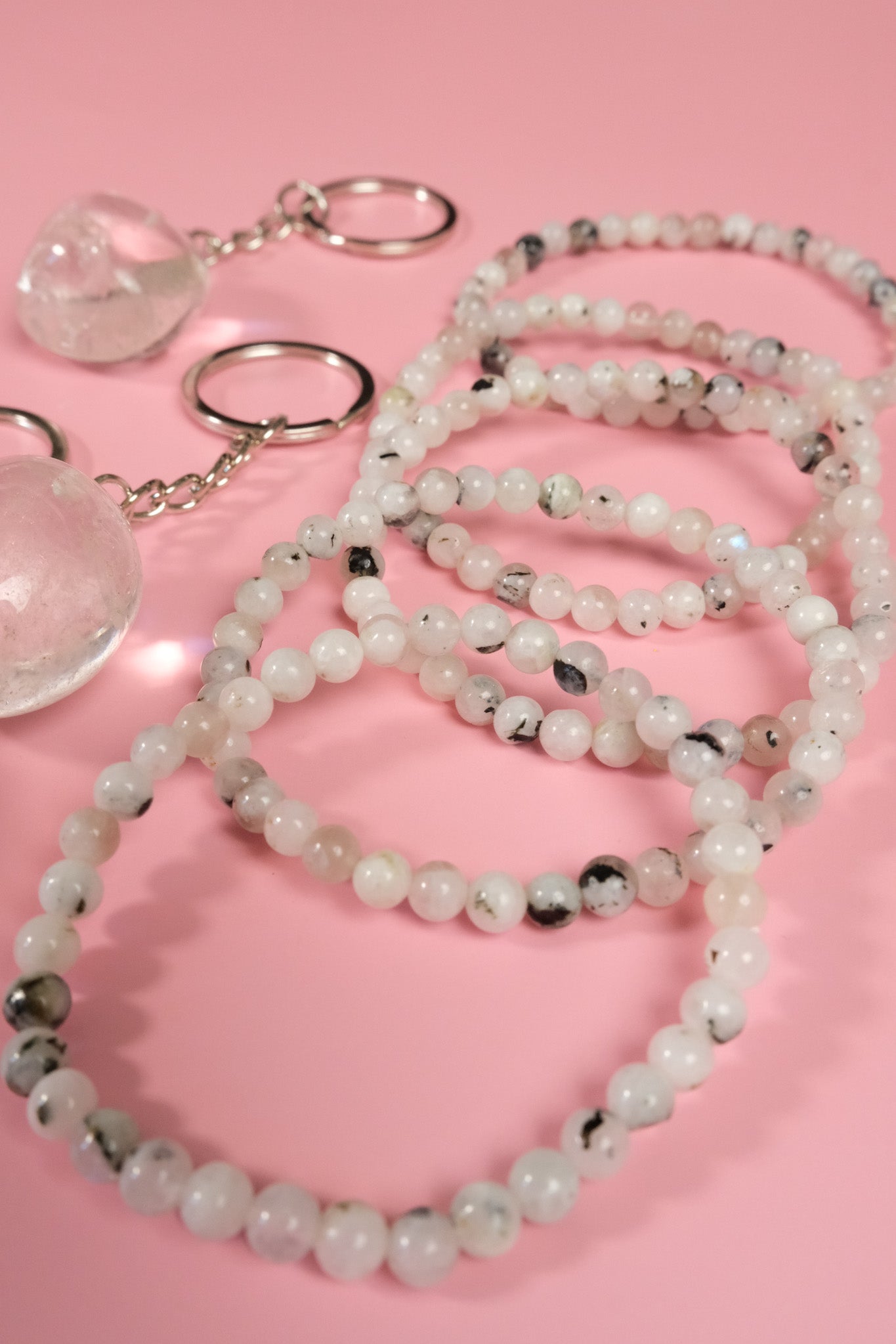Rainbow Moonstone Bracelet & Clear Quartz Keyring