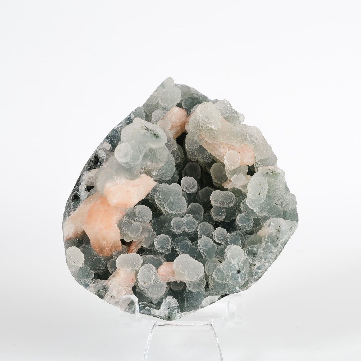 Peach Stilbite on Green Blue Chalcedony Cluster
