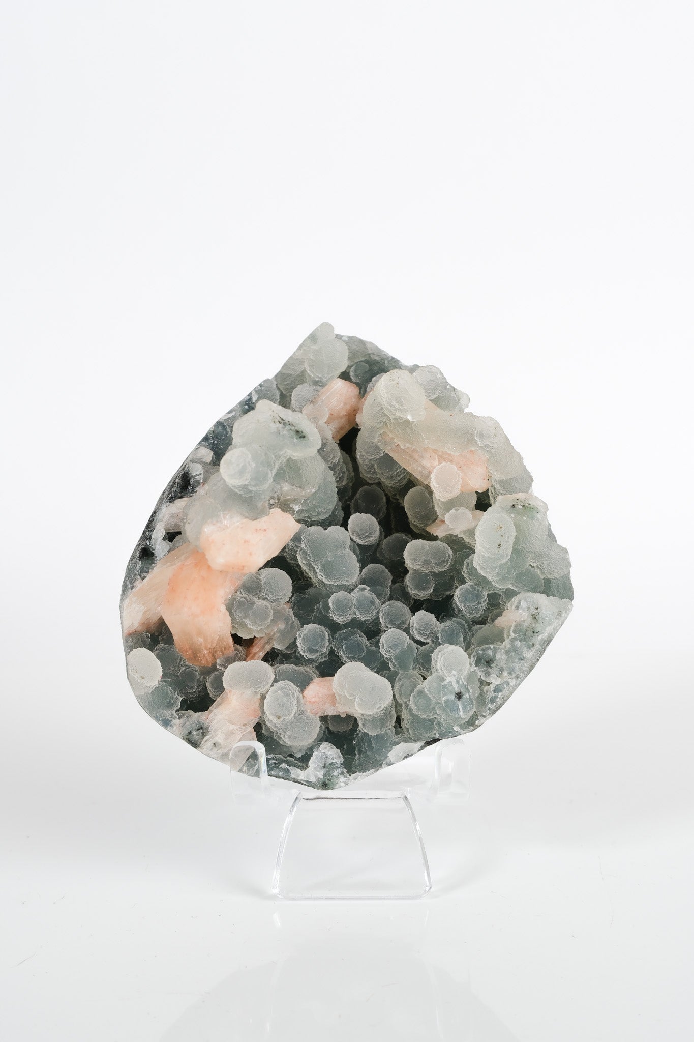 Peach Stilbite on Green Blue Chalcedony Cluster