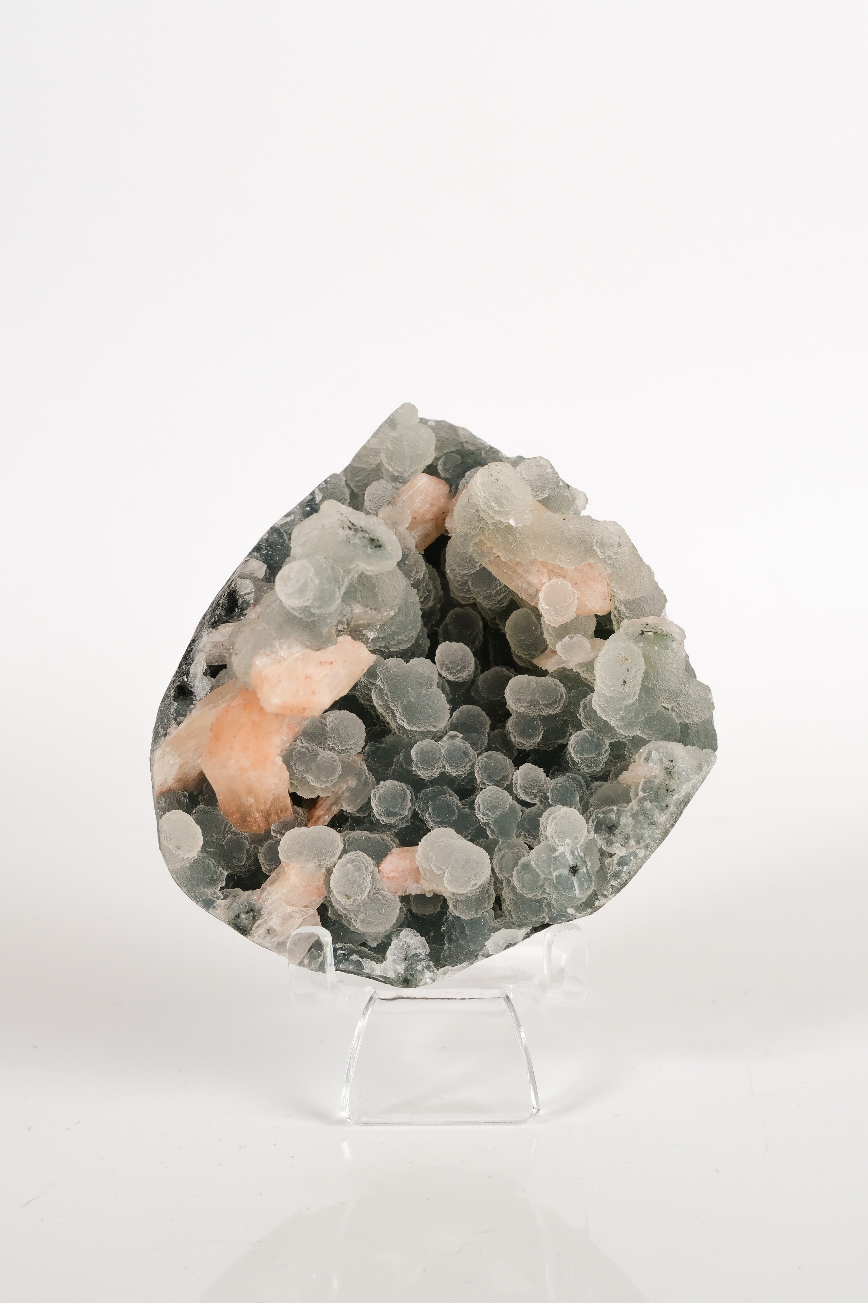 Peach Stilbite on Green Blue Chalcedony Cluster