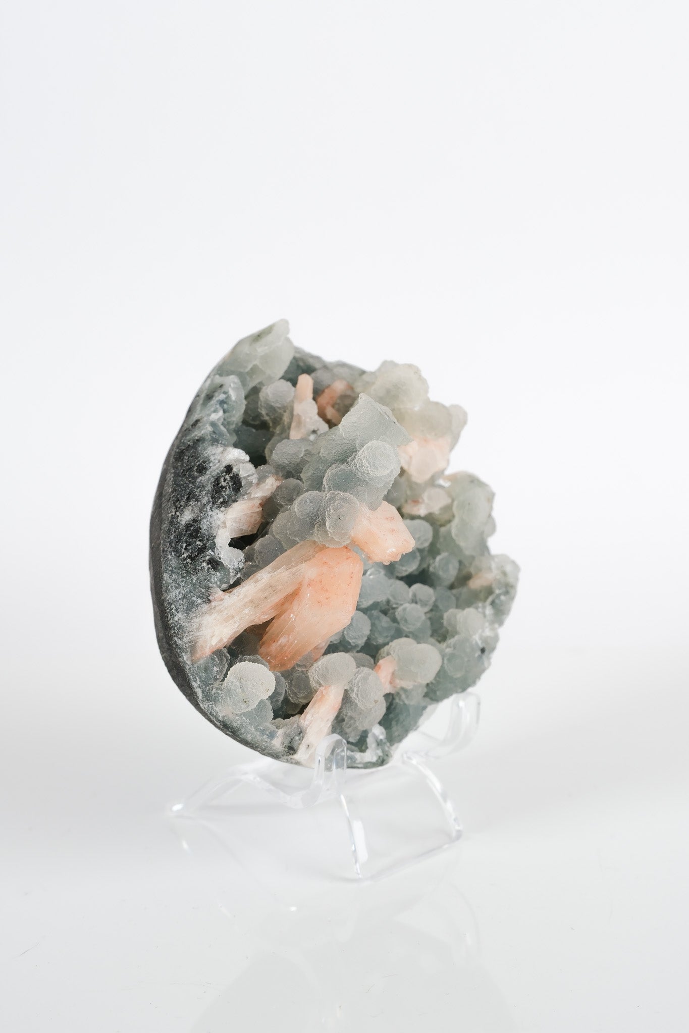 Peach Stilbite on Green Blue Chalcedony Cluster