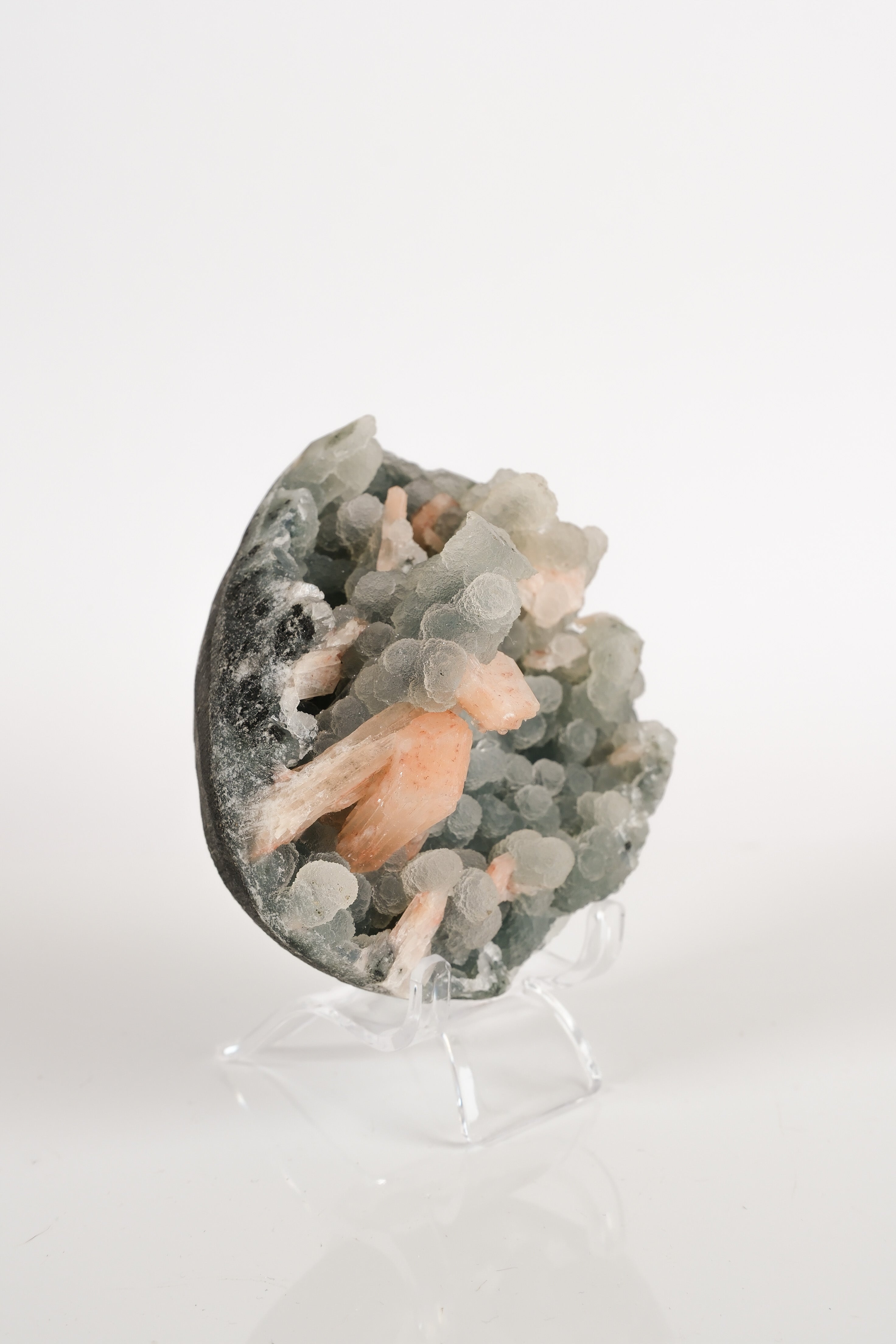Peach Stilbite on Green Blue Chalcedony Cluster