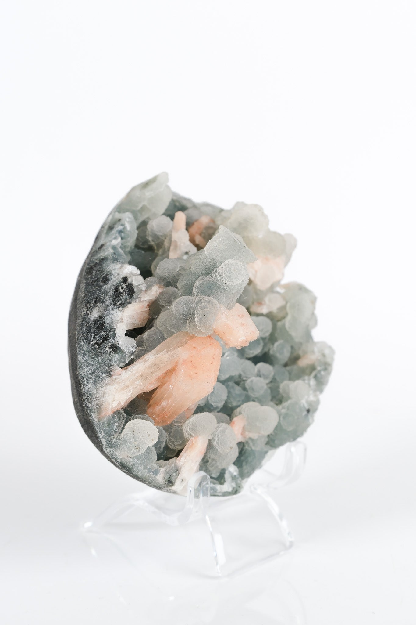 Peach Stilbite on Green Blue Chalcedony Cluster