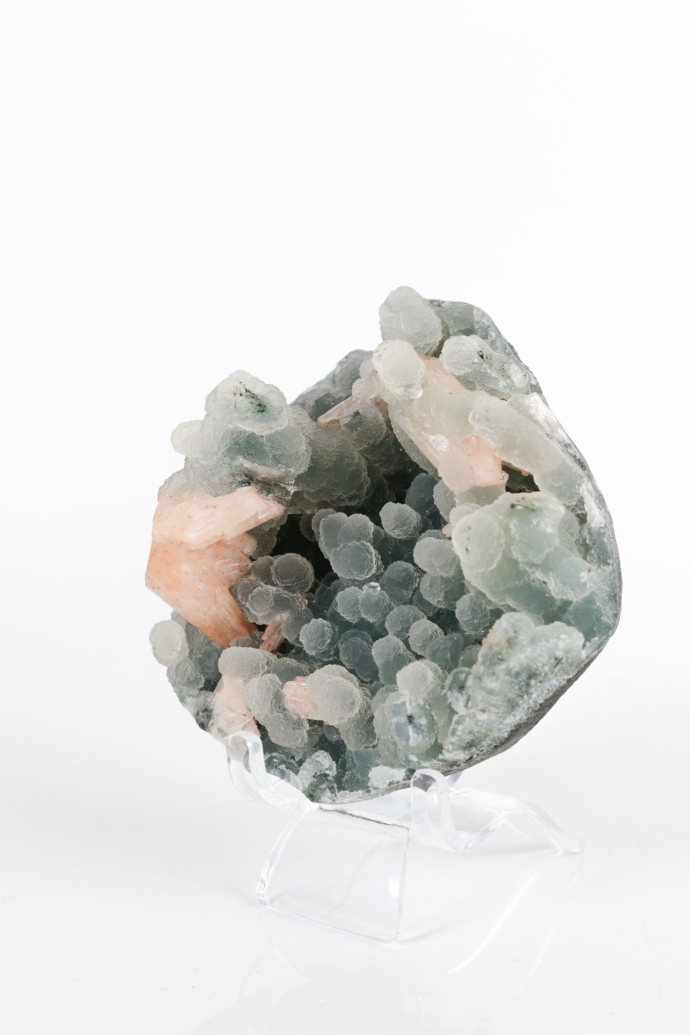 Peach Stilbite on Green Blue Chalcedony Cluster