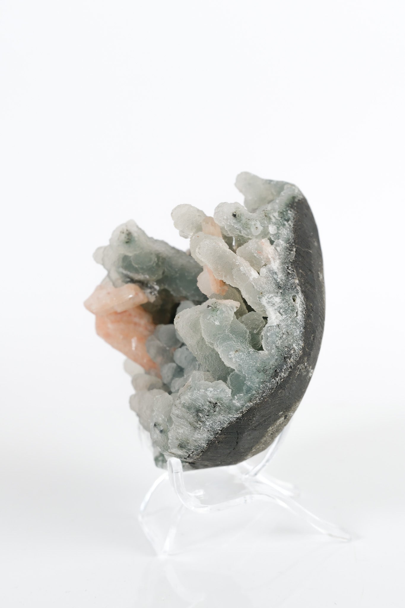 Peach Stilbite on Green Blue Chalcedony Cluster