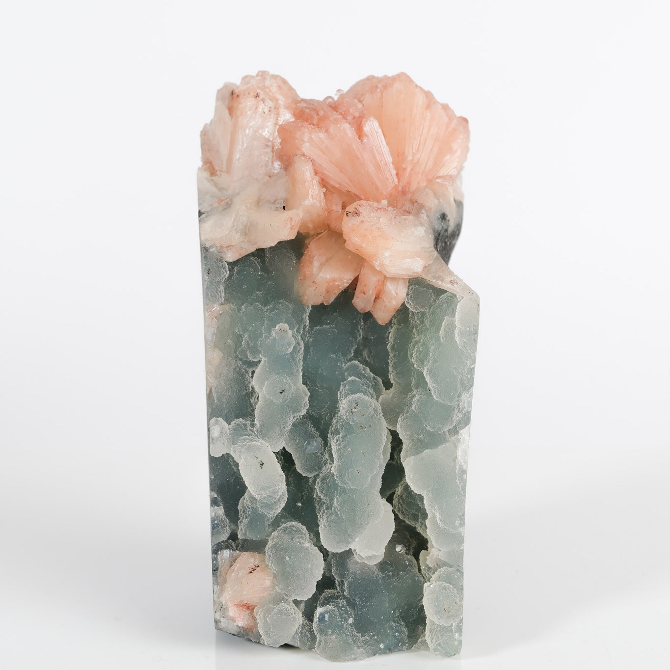 Peach Stilbite on Green Blue Chalcedony Cluster