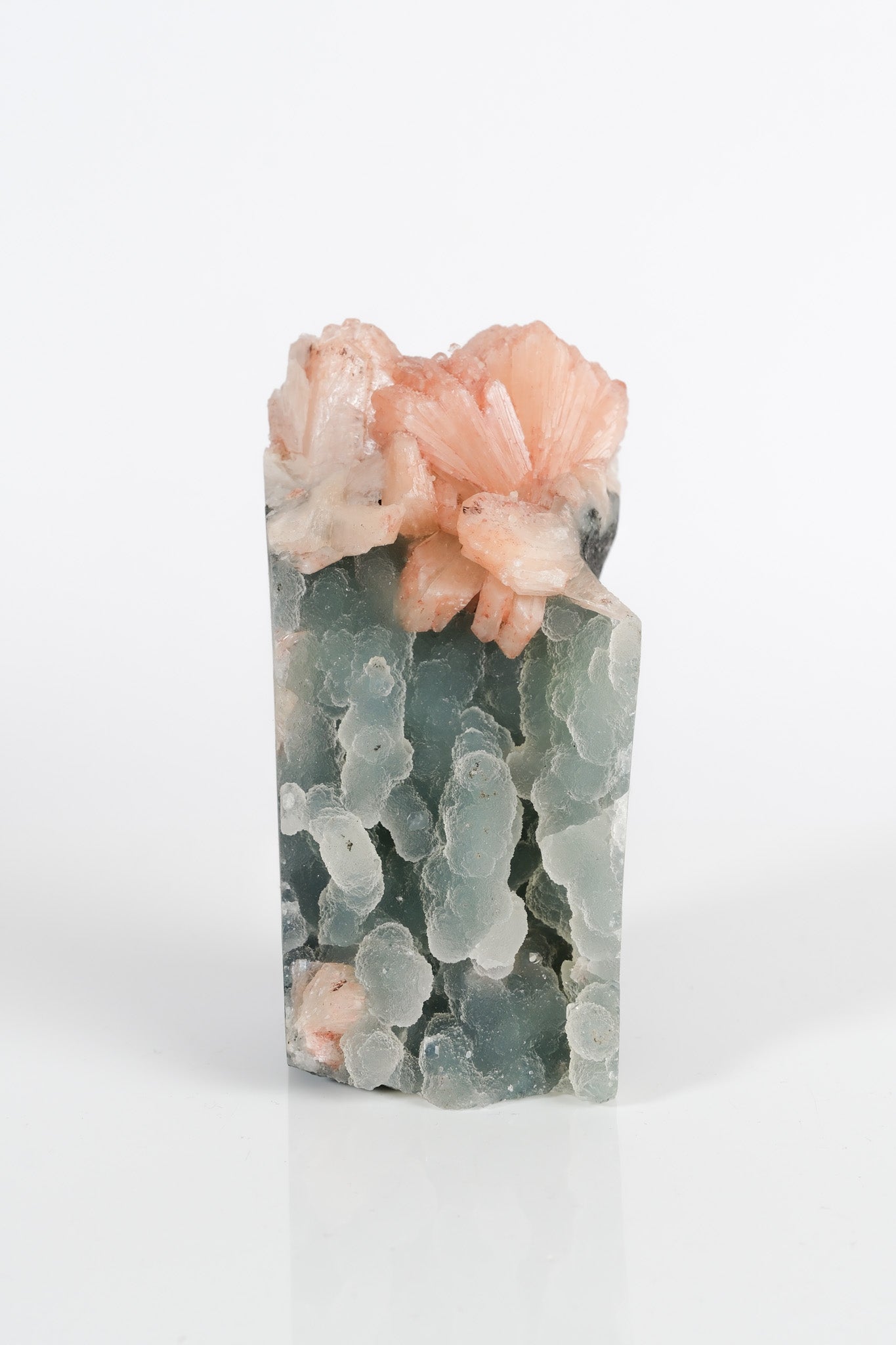 Peach Stilbite on Green Blue Chalcedony Cluster