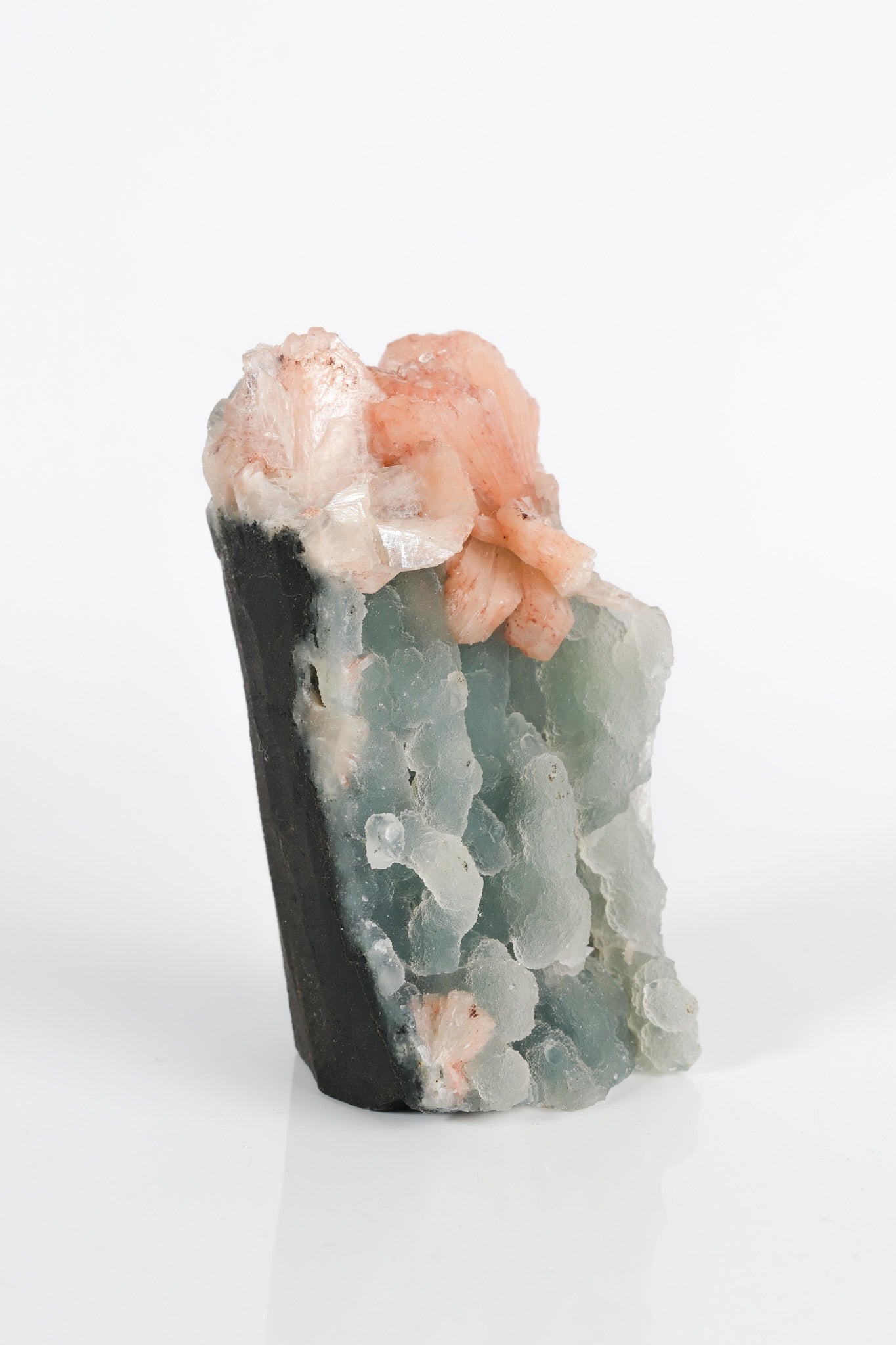 Peach Stilbite on Green Blue Chalcedony Cluster