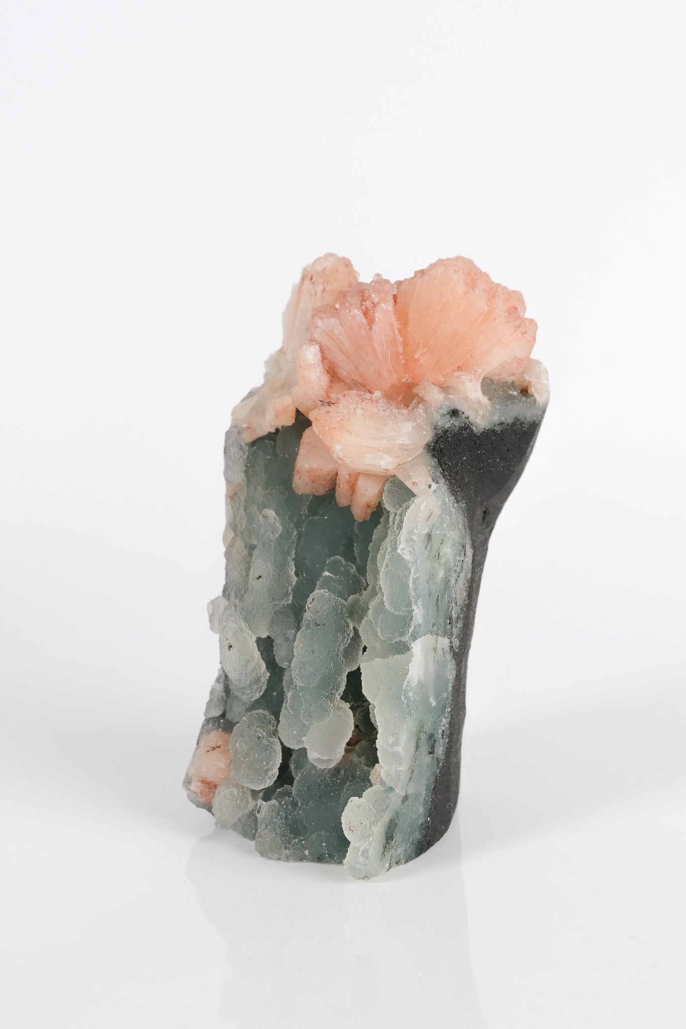 Peach Stilbite on Green Blue Chalcedony Cluster