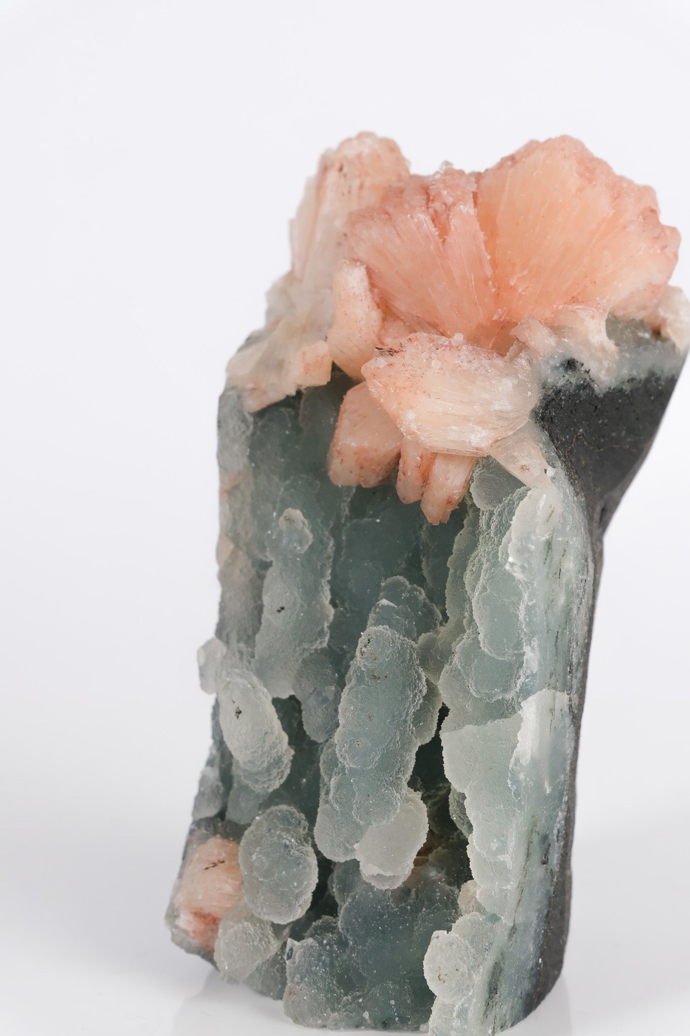 Peach Stilbite on Green Blue Chalcedony Cluster