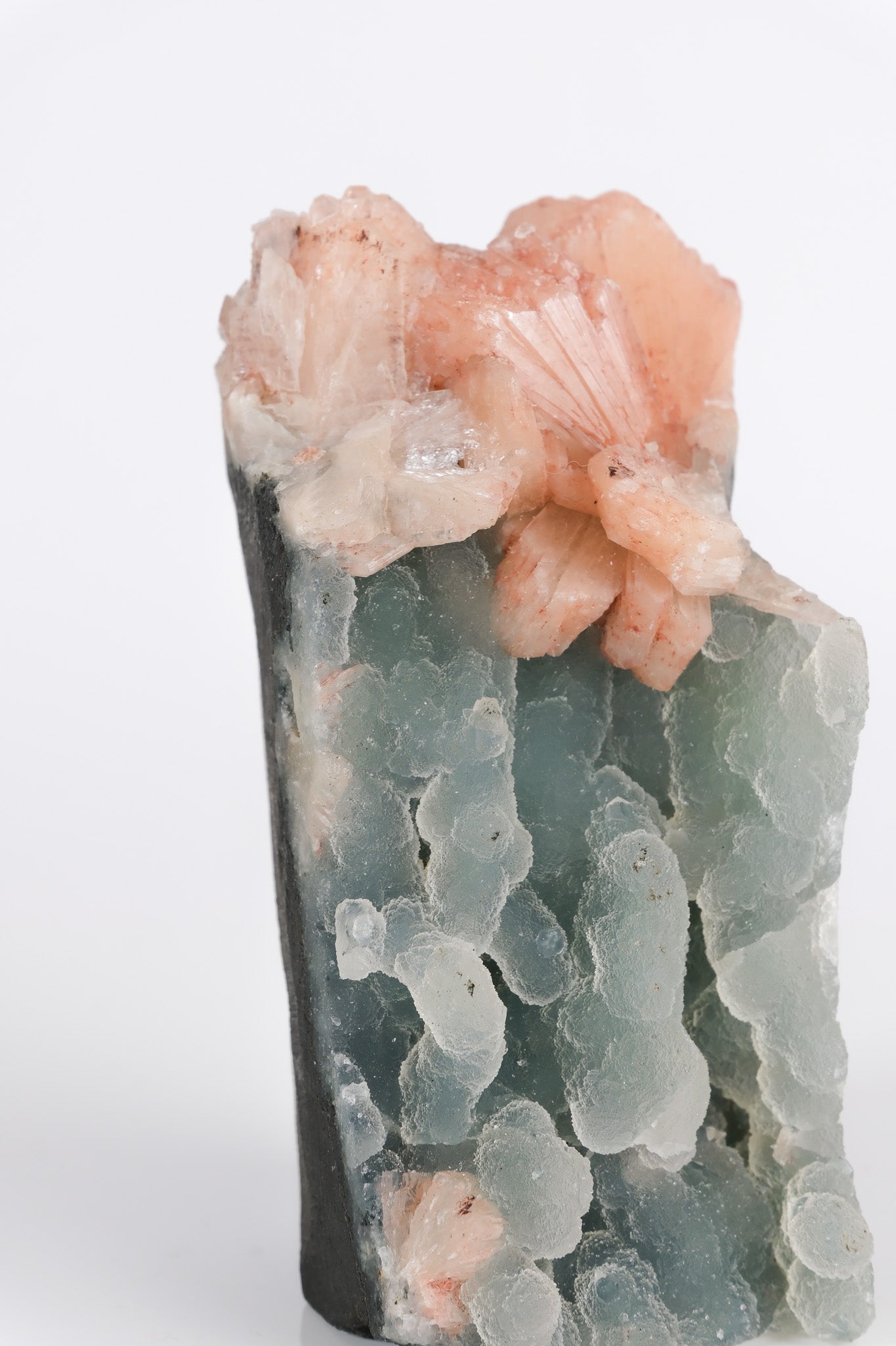 Peach Stilbite on Green Blue Chalcedony Cluster