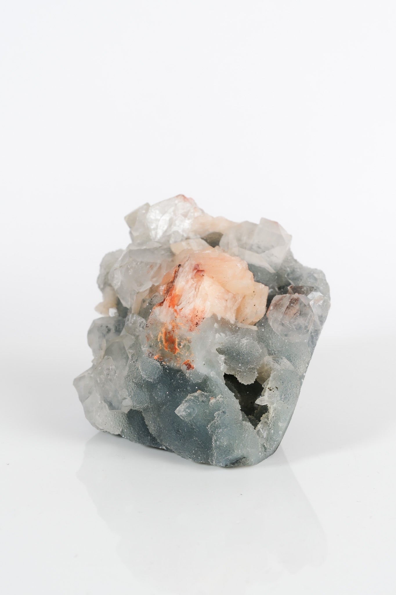 Peach Stilbite on Green Blue Chalcedony Cluster