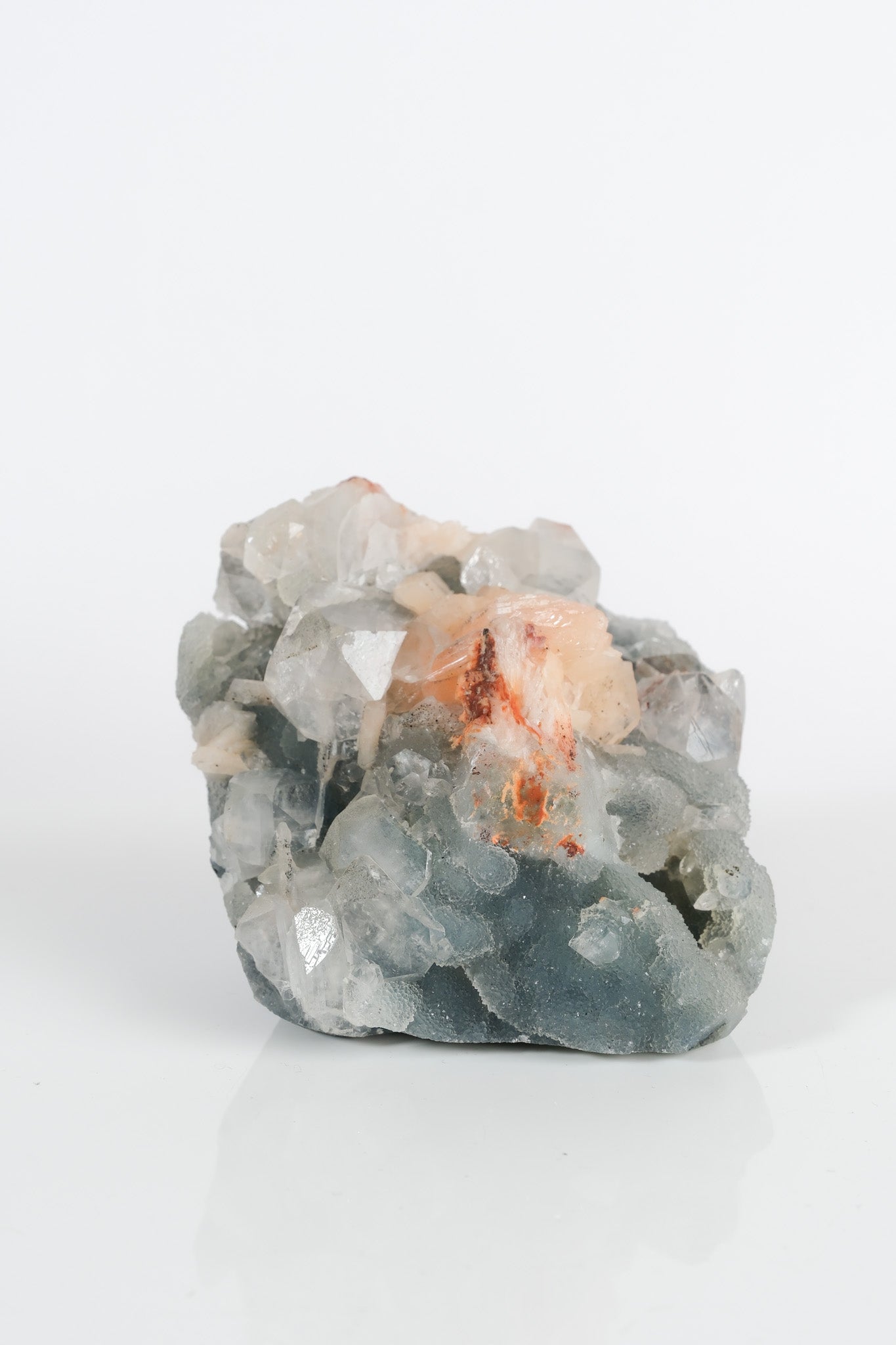 Peach Stilbite on Green Blue Chalcedony Cluster