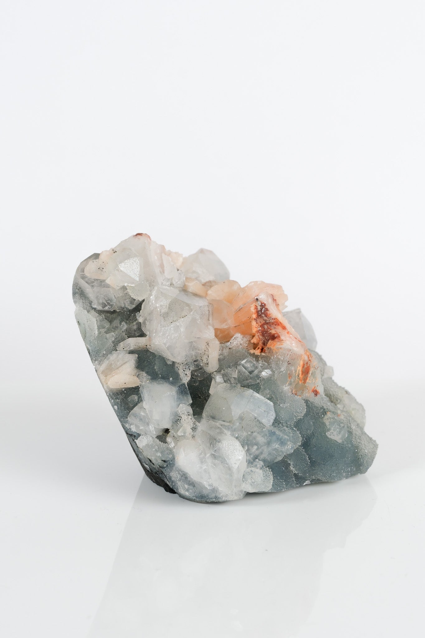 Peach Stilbite on Green Blue Chalcedony Cluster