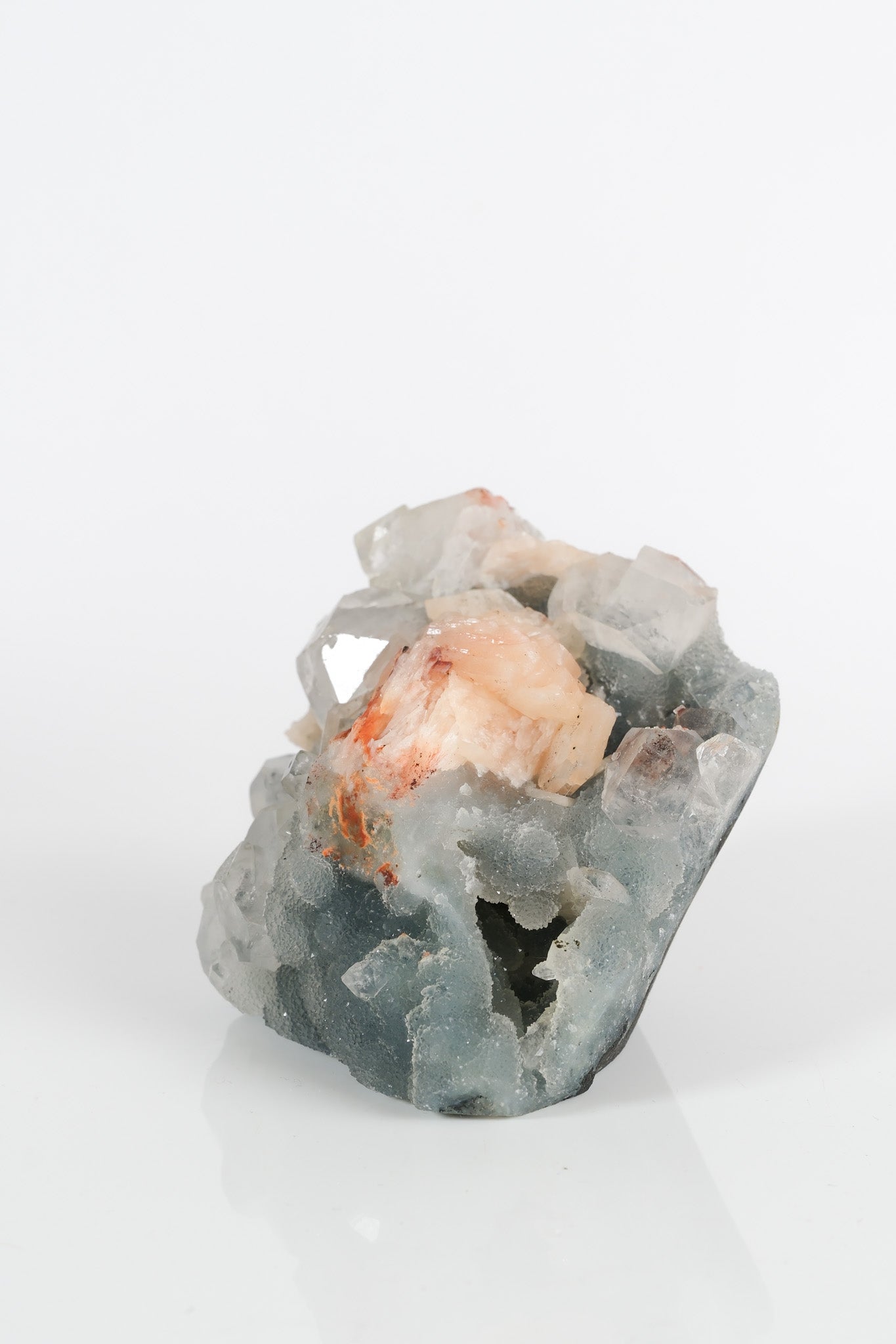 Peach Stilbite on Green Blue Chalcedony Cluster