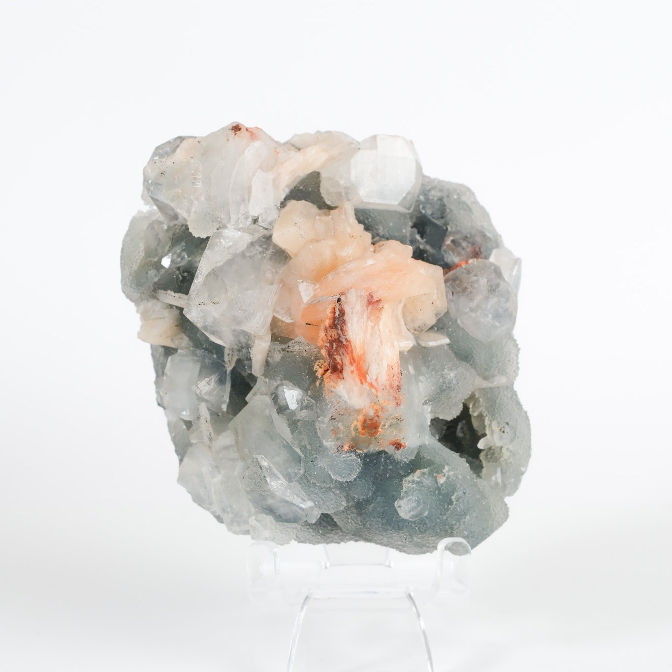 Peach Stilbite on Green Blue Chalcedony Cluster