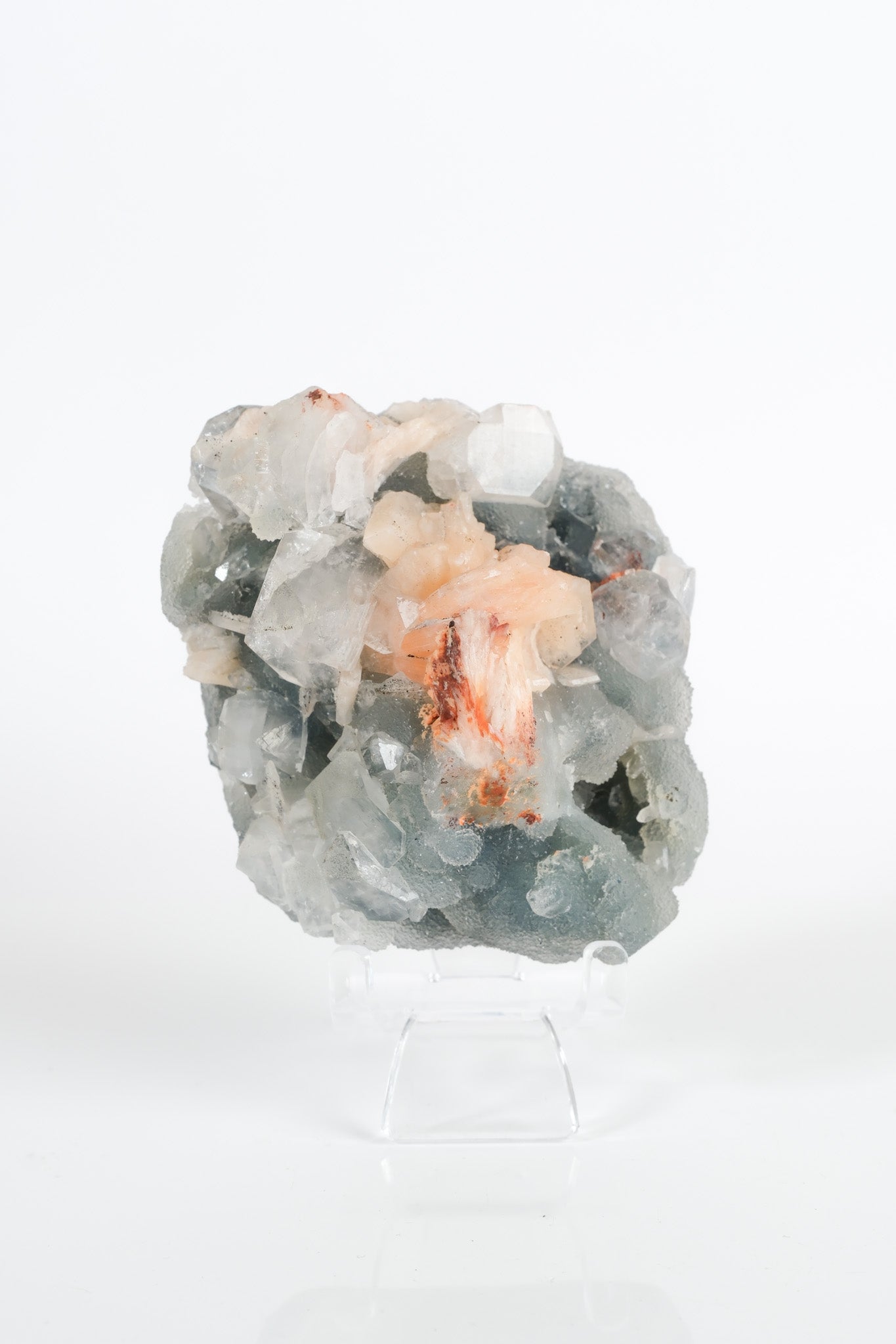 Peach Stilbite on Green Blue Chalcedony Cluster