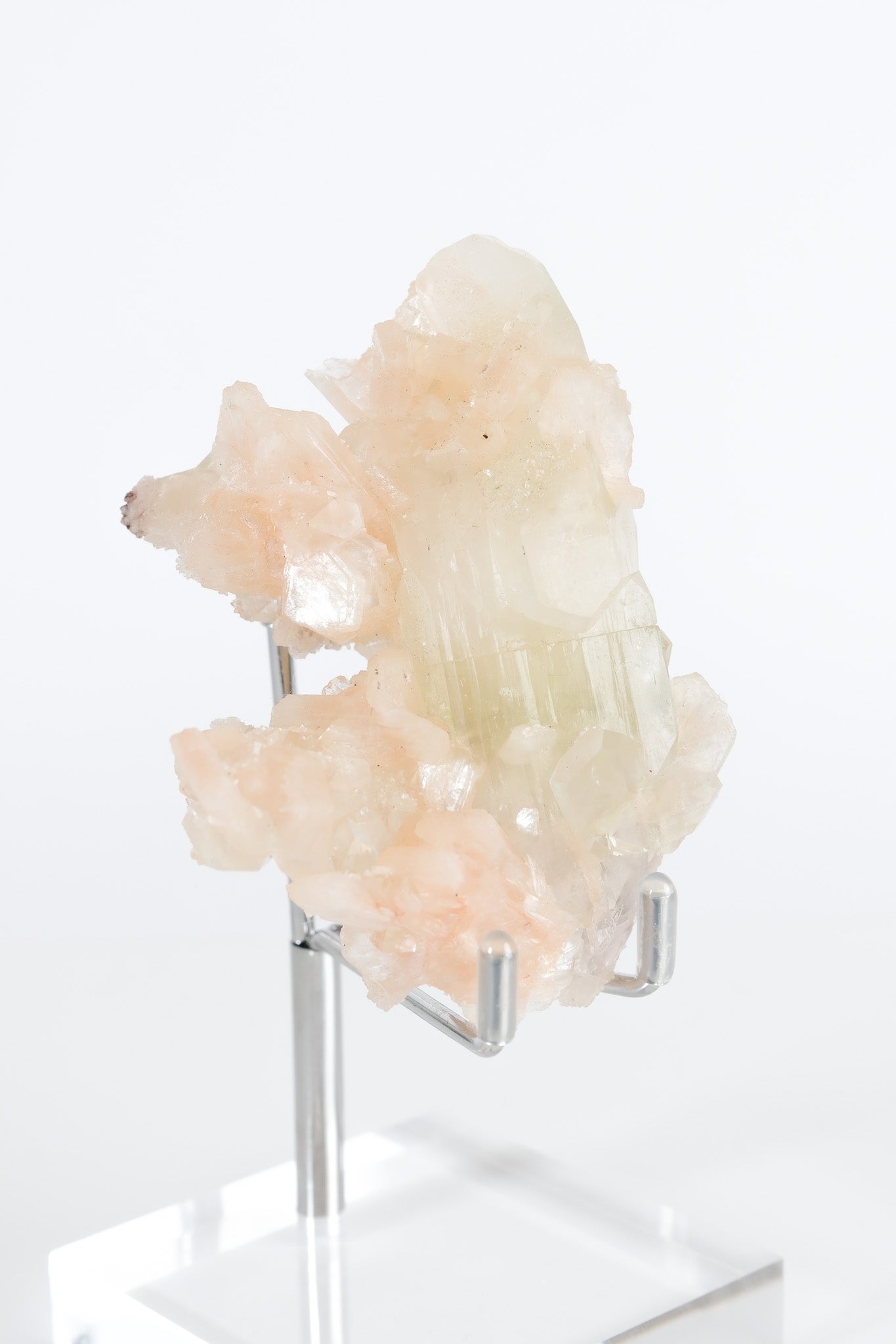 Green Apophyllite with Pink Stilbite & Sugar Druzy Cluster