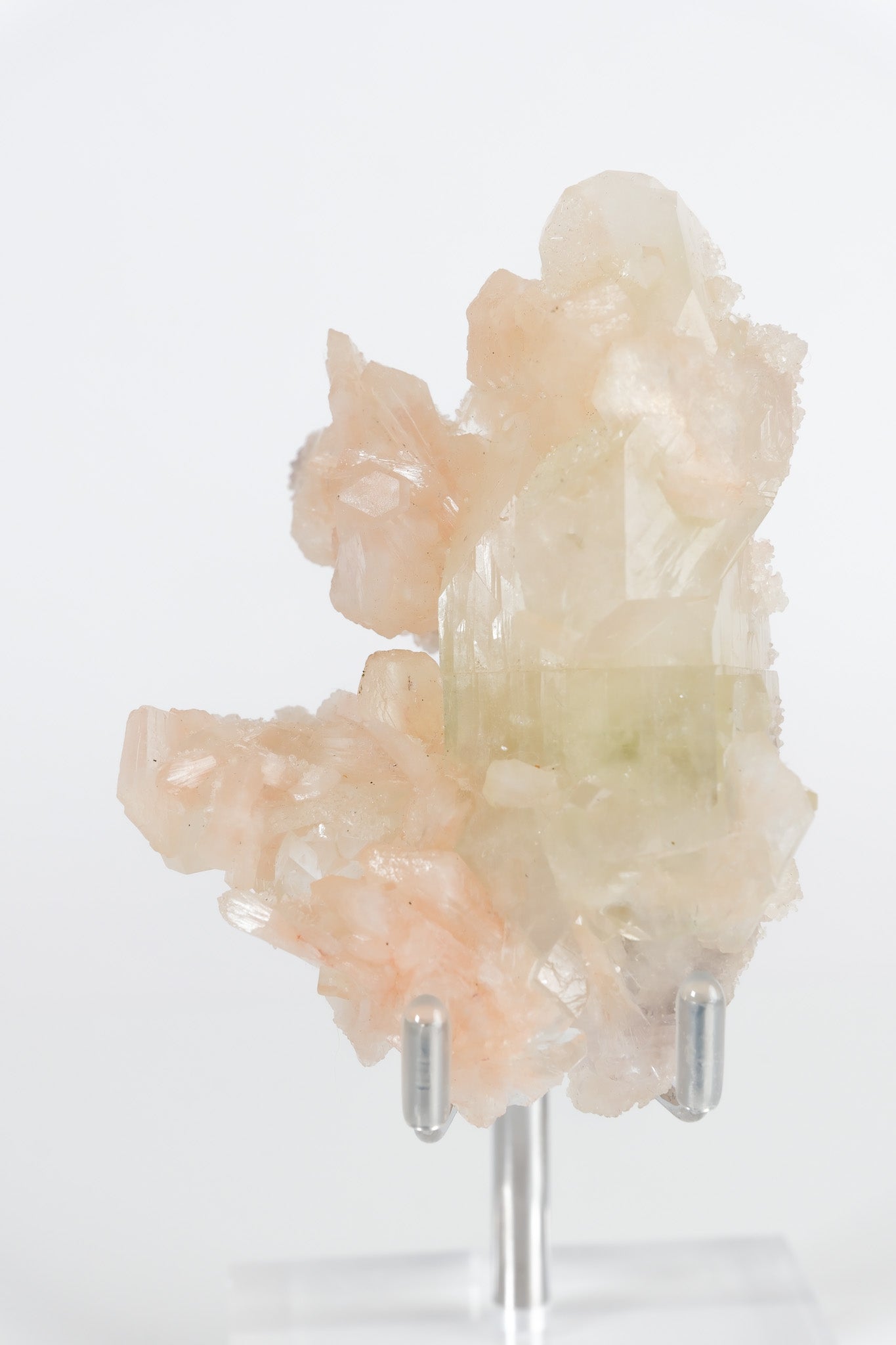 Green Apophyllite with Pink Stilbite & Sugar Druzy Cluster