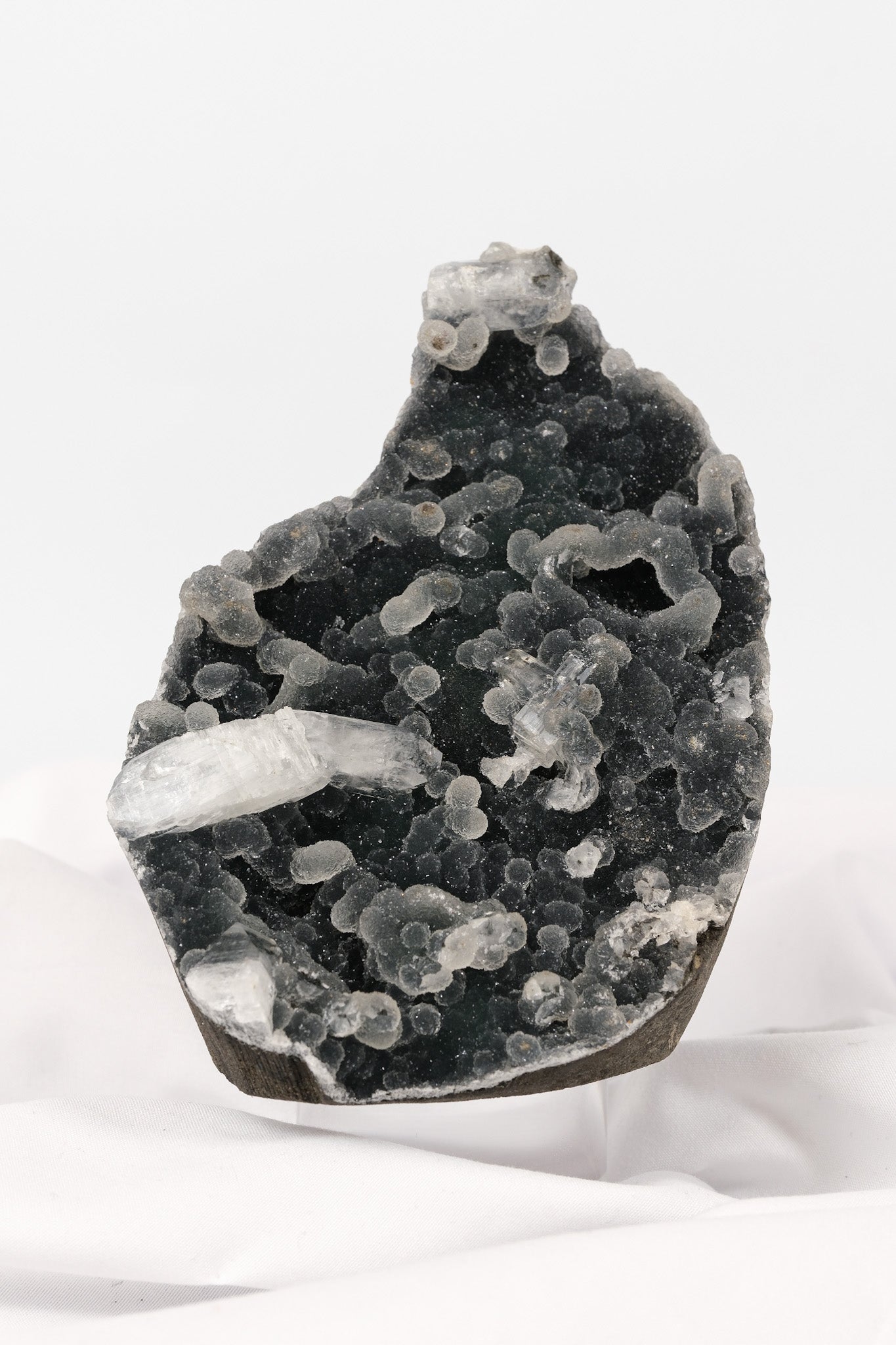 Botryoidal Apophyllite on Black Chalcedony Cutbase