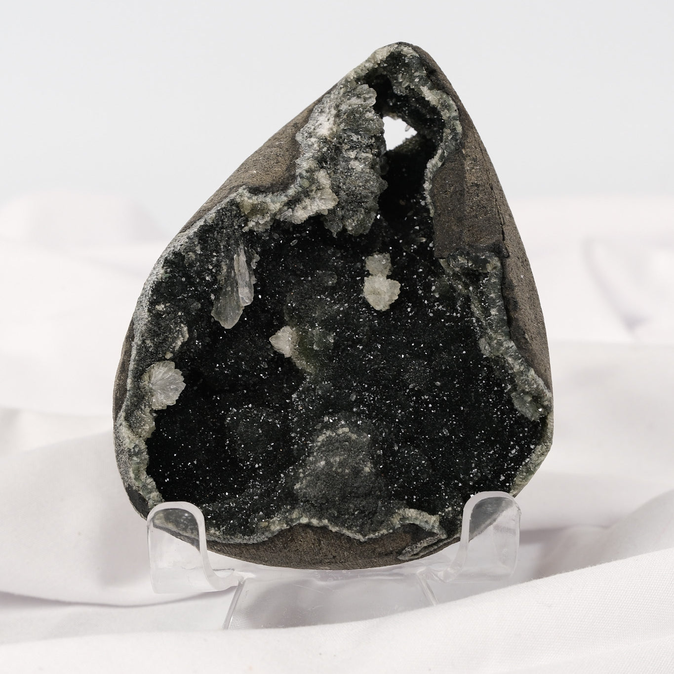 Apophyllite on Black Chalcedony Cluster on Stand