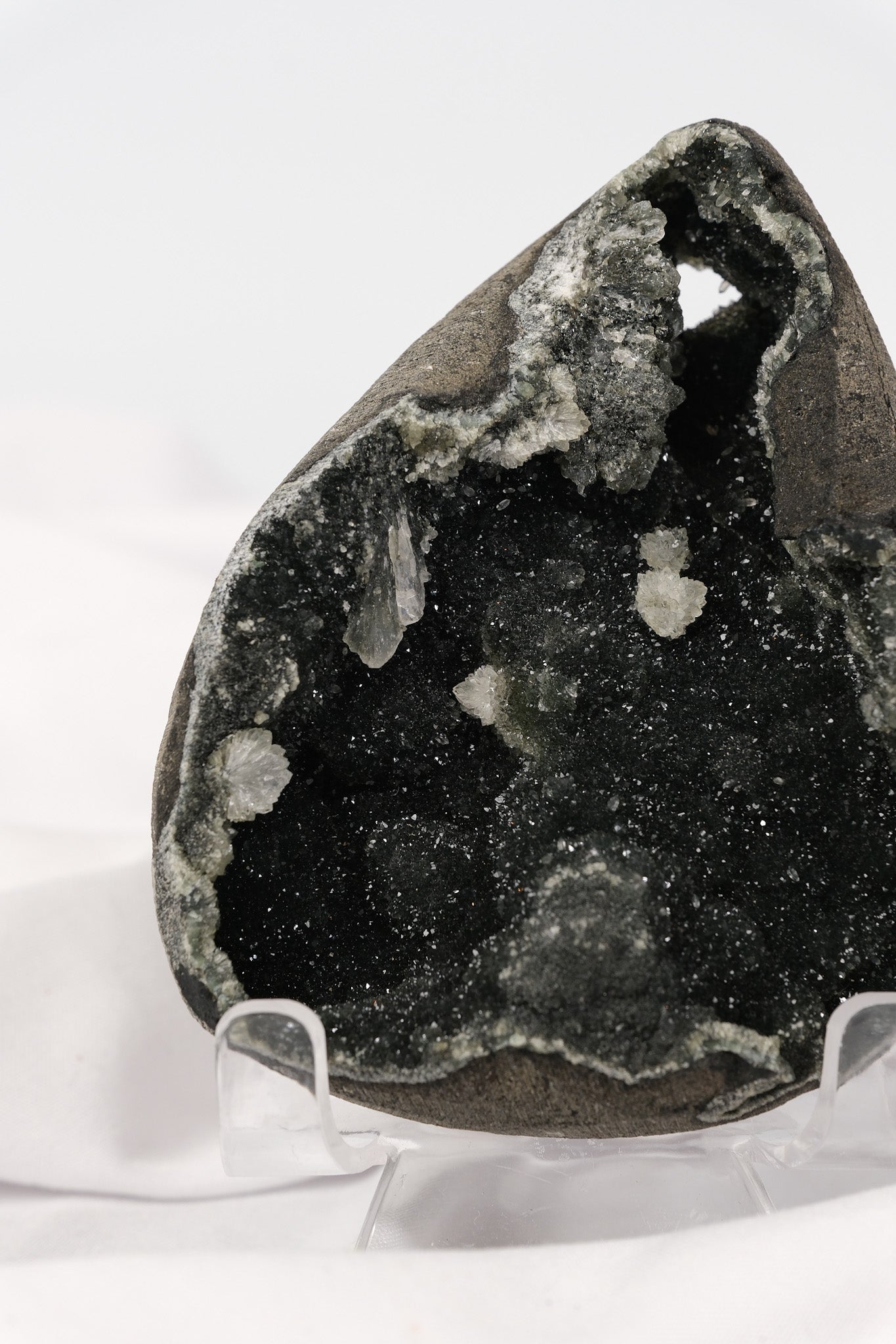 Apophyllite on Black Chalcedony Cluster on Stand