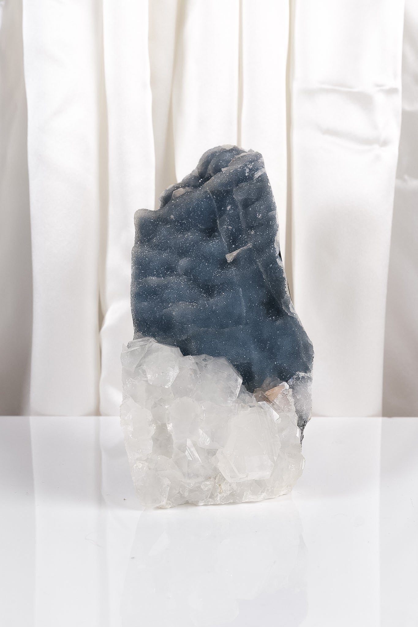 Super Grade Cubical Apophyllite on Shimmering Blue Chalcedony