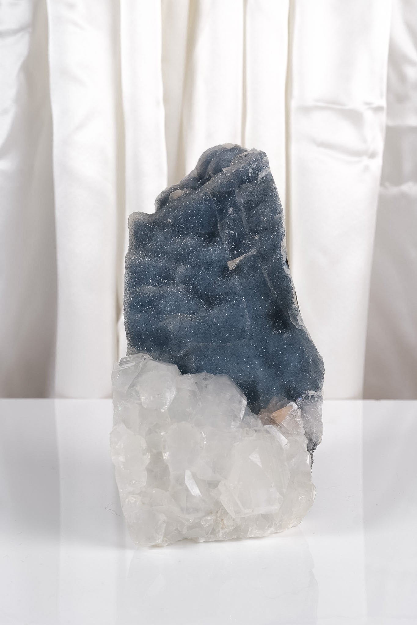 Super Grade Cubical Apophyllite on Shimmering Blue Chalcedony