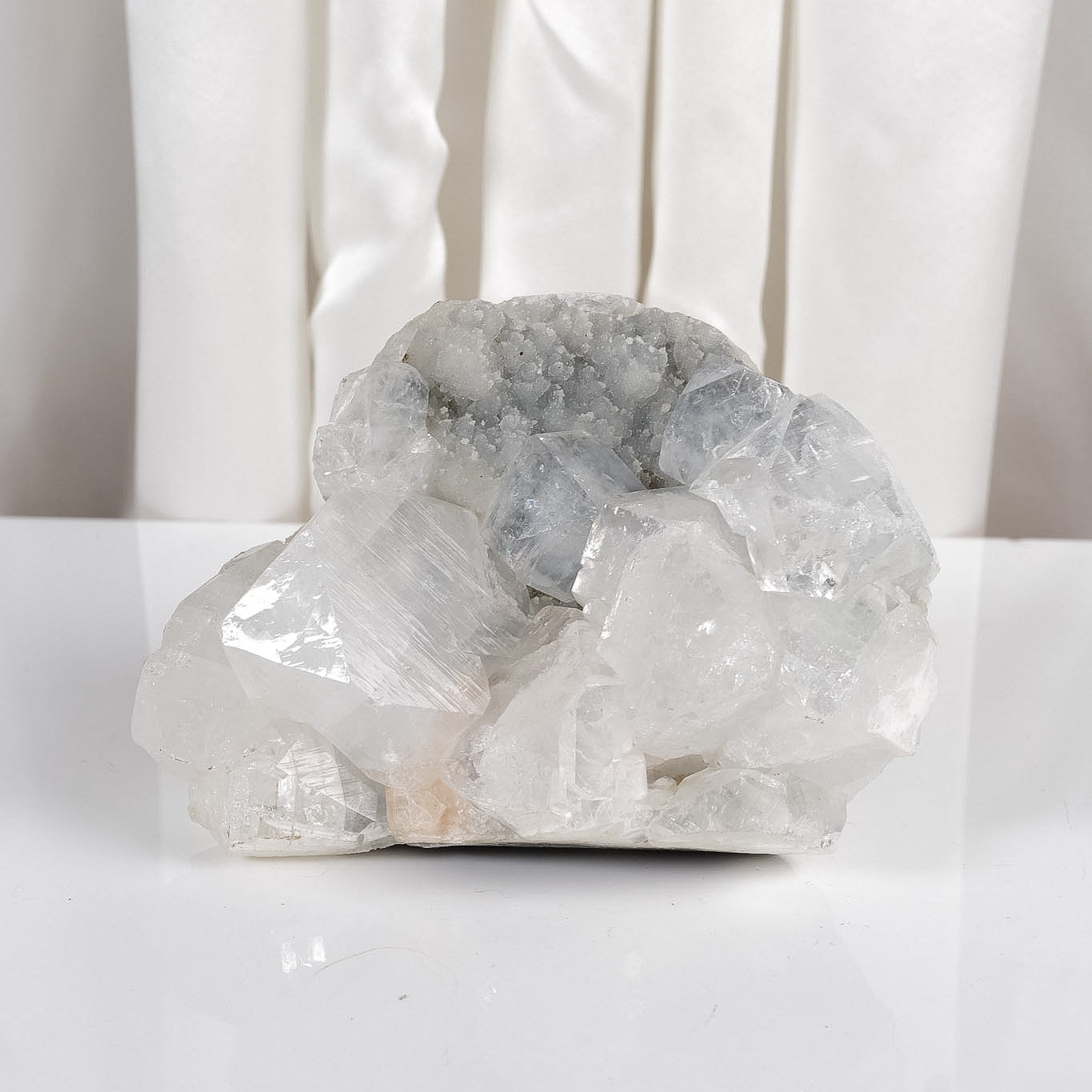 Cubical Apophyllite on Blue Chalcedony