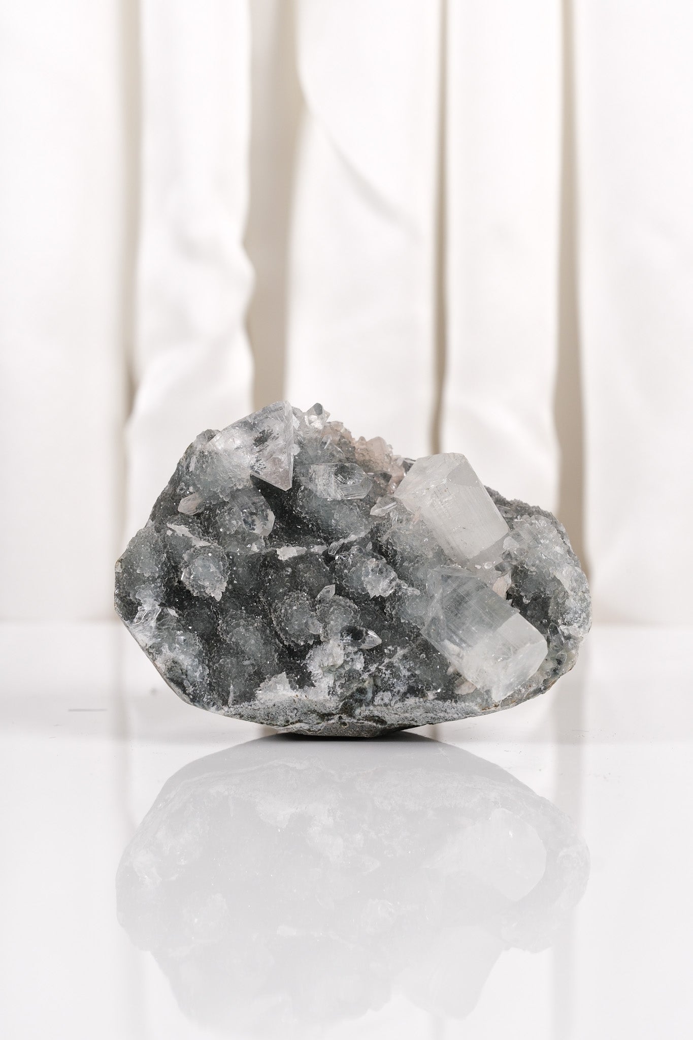 Apophyllite on Green Chalcedony