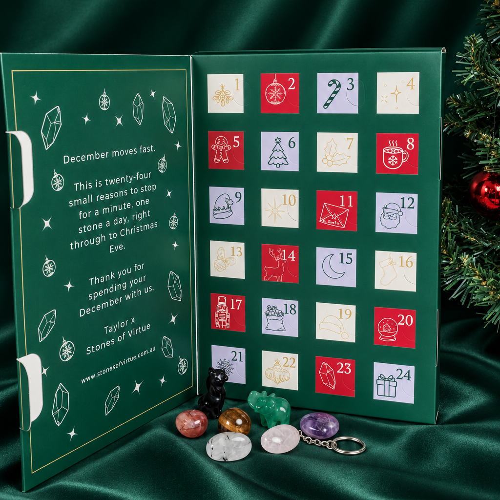 24 Day crystal advent calendar with tumbles, raws, mini spheres and carvings