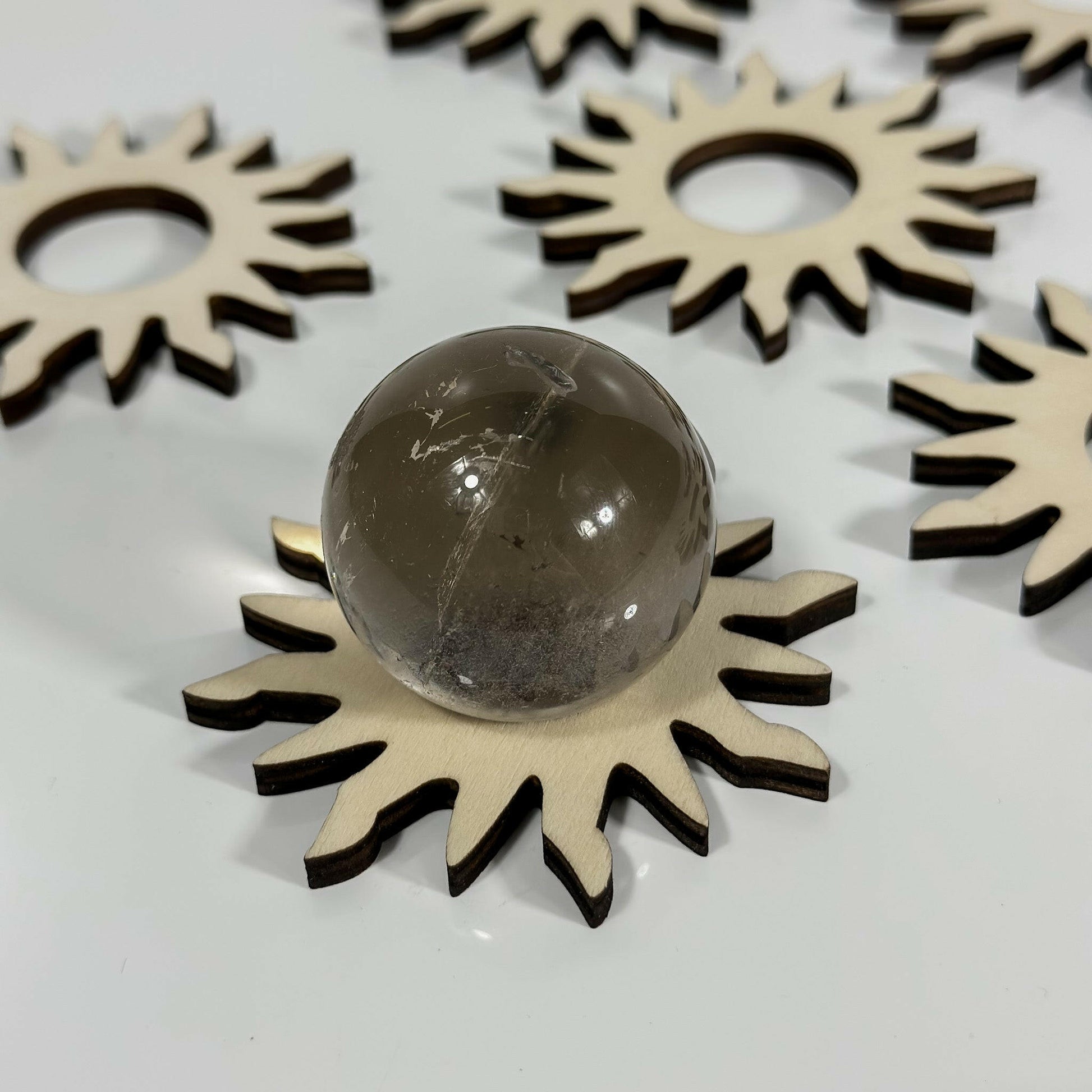 Wooden Sun Sphere Stand Healing Crystal.