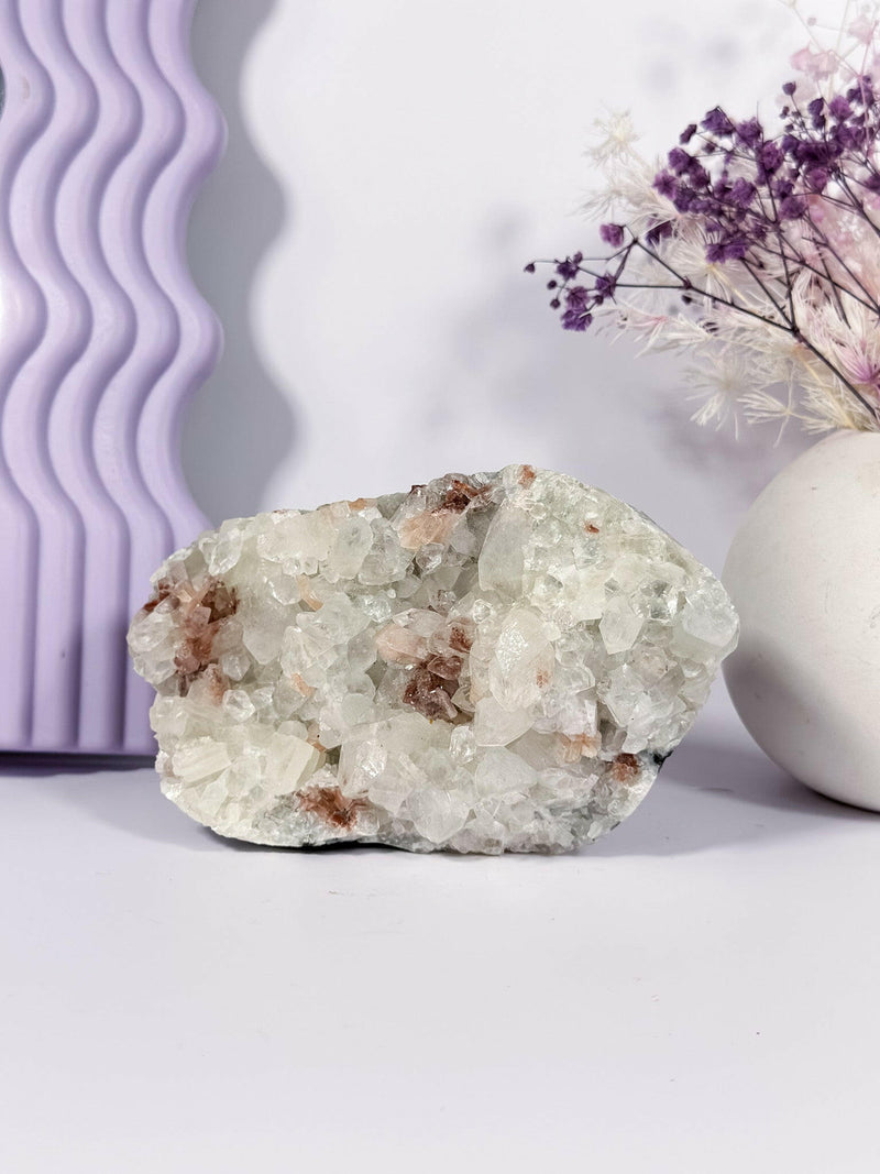 Apophyllite, Red Heulandite and Peach Stillbite on Blue and Green Chalcedony Healing Crystal.