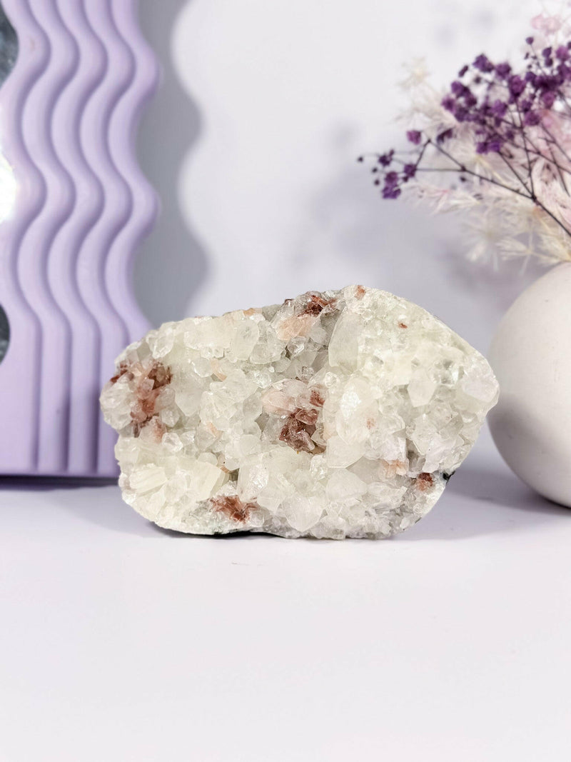 Apophyllite, Red Heulandite and Peach Stillbite on Blue and Green Chalcedony Healing Crystal.