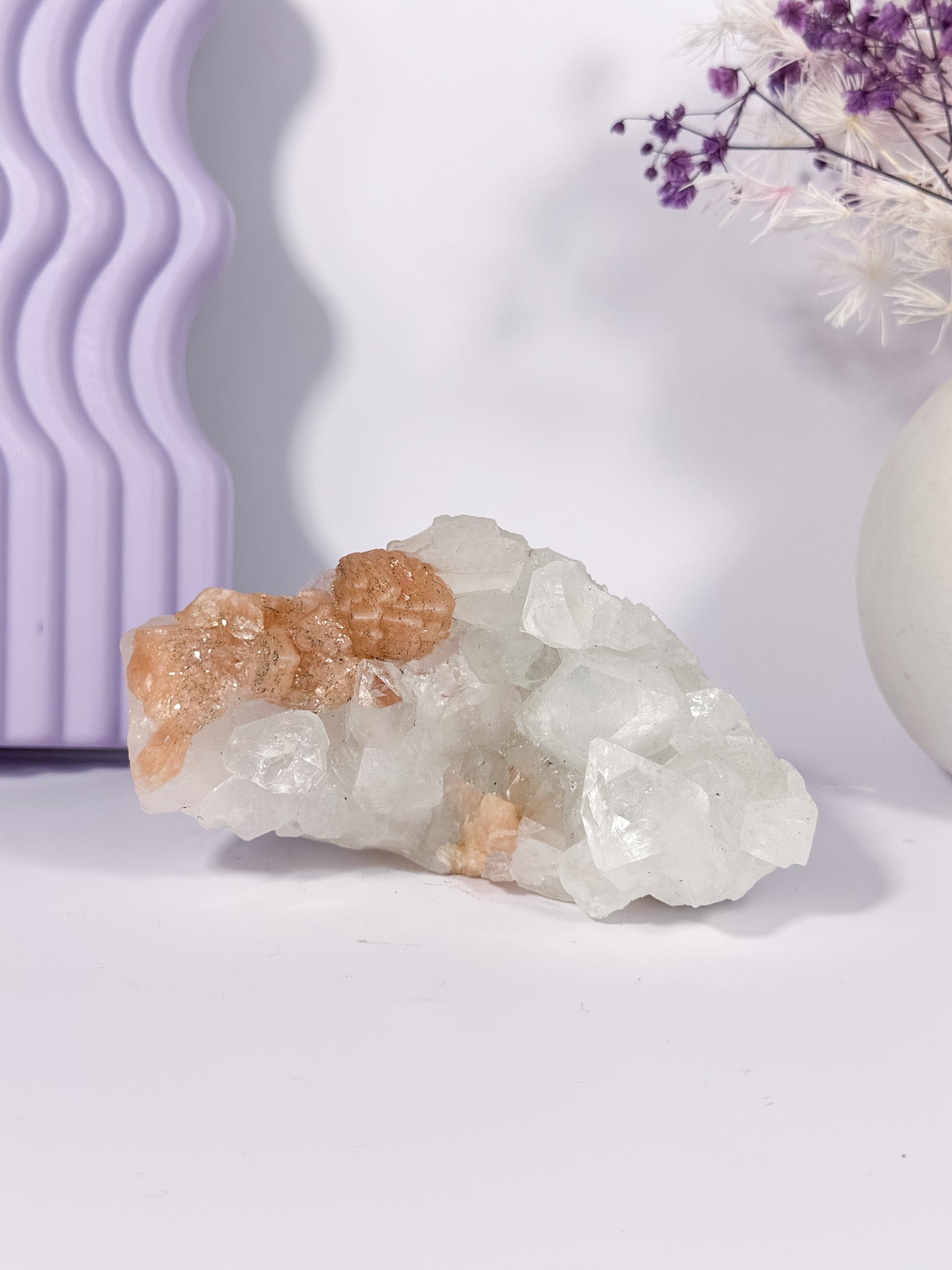 Apophyllite and Peach Stillbite Cluster with Hematite Inclusions