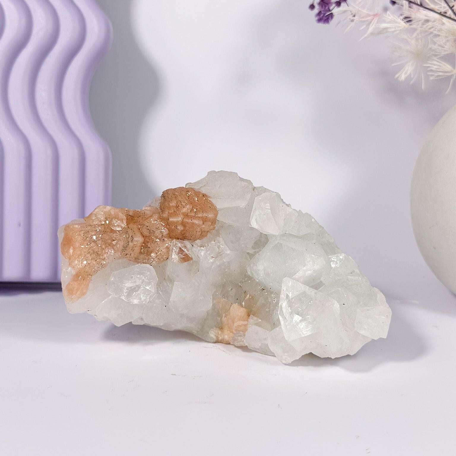 Apophyllite and Peach Stillbite Cluster with Hematite Inclusions